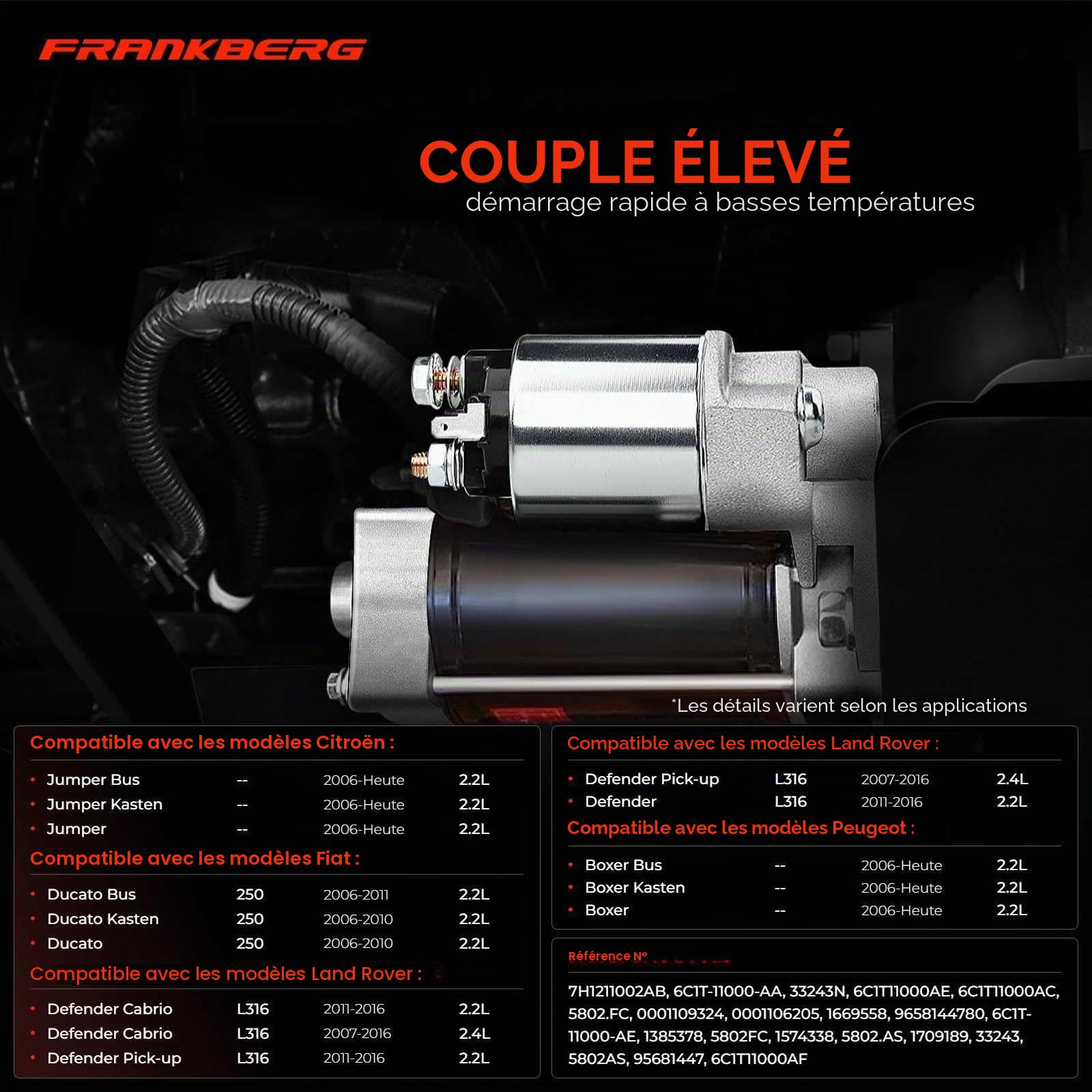 Frankberg Démarreur Compatible avec Jumper Bus 2006-Aujourd'hui Ducato Bus 250 2006-2010 Transit Bus FB FC FD FS FZ 2006-2014 Remplacer# 0001109324