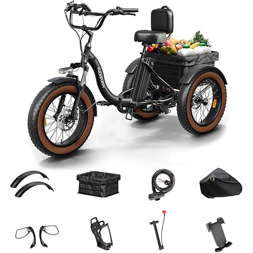 PUCKIPUPPY Electric Tricycle for Adults, 960W, 48V13.5Ah Electric Trike, 20"x4.0" 6061 Aluminum Folding Fat Tire 3 Wheel Ebike, 25MPH Max Hydraulic Brake, Rear Motor Differential for Safety