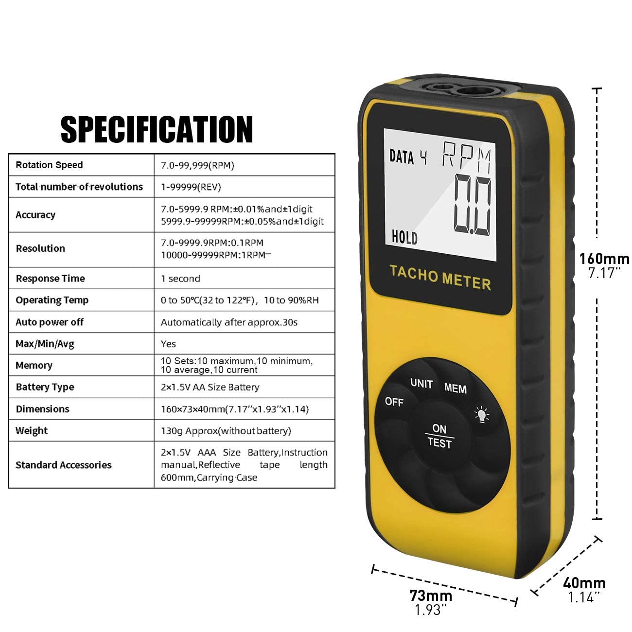 Tachymètre Laser Numérique Tachometer Sans Contact 7,0-99 999 tr/min, Enregistreur de Données, Mesurer Vitesse de Rotation RPM Moteur Voiture Camion Moto Tondeuse à Gâteau, AIOMEST AI-9235C