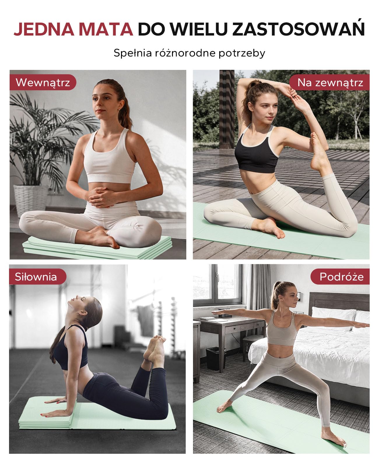 HAPBEAR Składana mata do jogi 183×61×6mm antypoślizgowa z TPE ekologiczna do jogi pilates treningów domowych podróż z torbą transportową