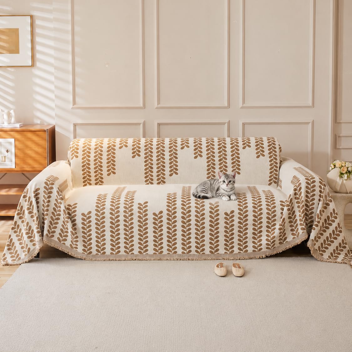 VIWATIN Boho Striped Chenille Sofa Throw Willow Khaki 3-4 Seater, 180x380cm