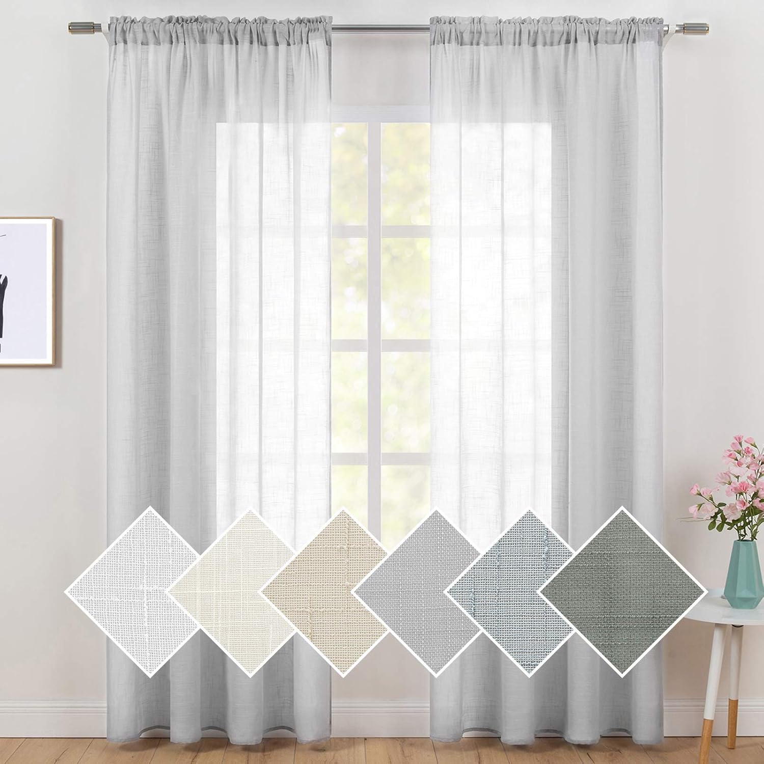 MIULEE 2 Panels 108 Inch Natural Linen Semi Sheer Window Curtain