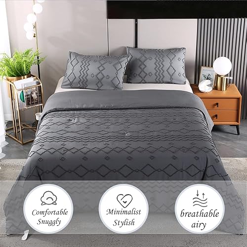 Miniatura 3 de Juego de edredón bohemio con patrón geométrico desgastado chic de 3 piezas, 1 edredón y 2 fundas de almohada, edredón ligero de microfibra