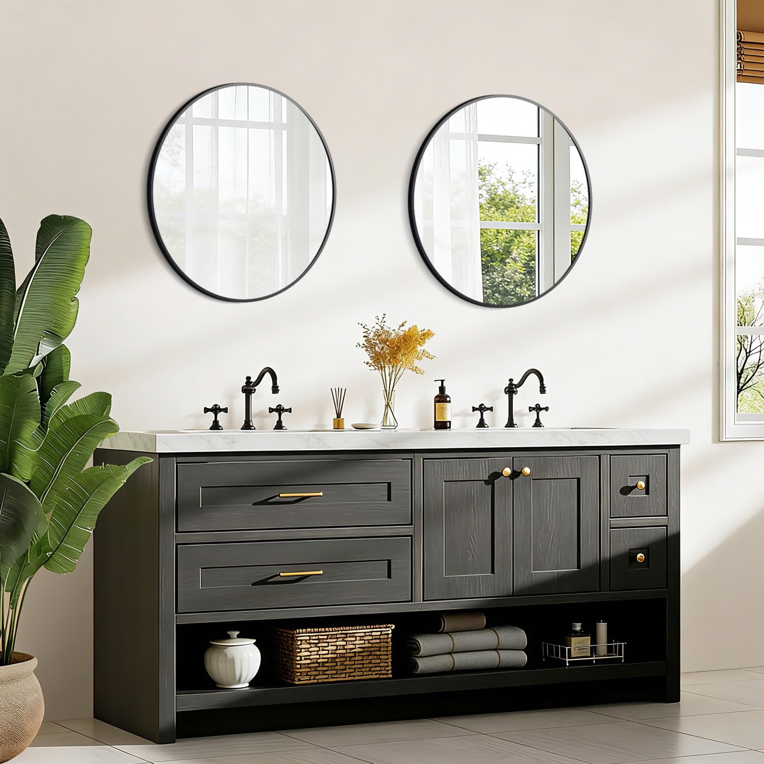 Spiegel Rund Schwarz 50cm HD Spiegelglas Wandspiegel, Modern Badspiegel Rund mit Aluminium Rahmen, Hängend oder Kleben, Deko Runder Spiegel für Bad Badezimmer Flur Wohnzimmer Schlafzimmer