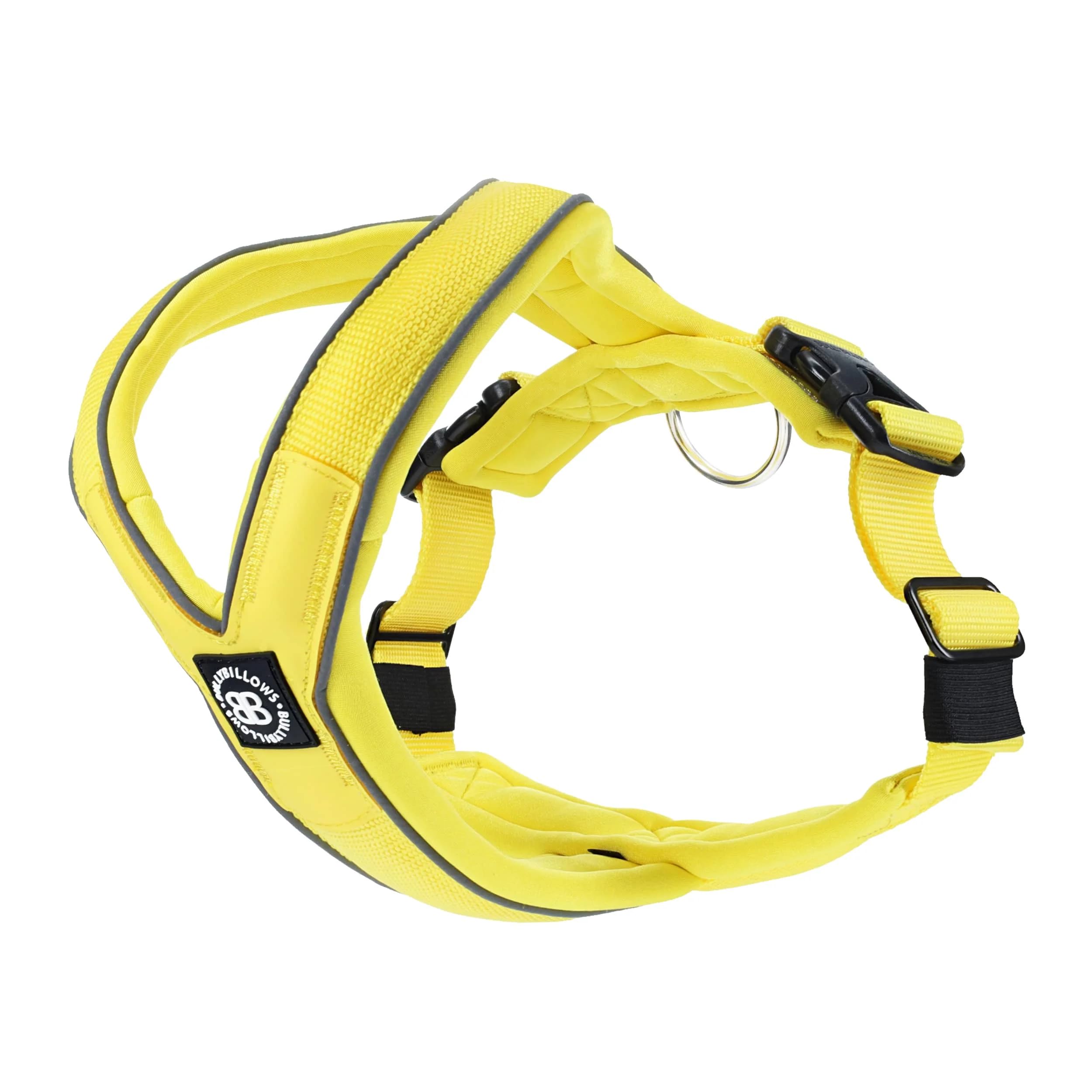 BullyBillows Slip-On Dog Harness - Foam Padded, Neoprene-Lined, Adjustable, Non-Restrictive Y-Shape with Reflective Strips & Stainless Steel D-Loop |Yellow | Small