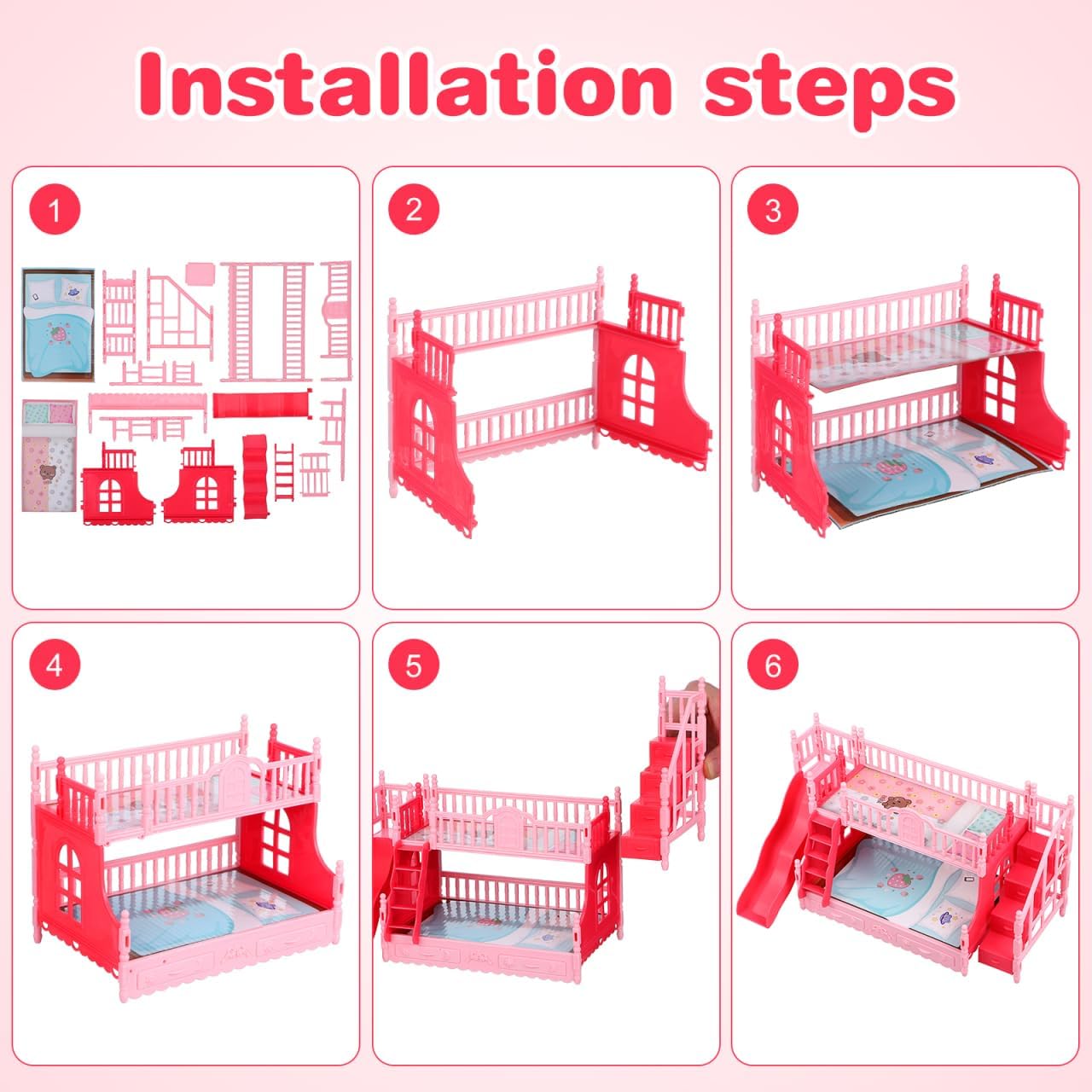 TOYANDONA Doll Bunk Bed - Pink Dollhouse Bed with Ladder Stair and Slide for Baby Doll Miniature Dollhouse Furniture Accessories