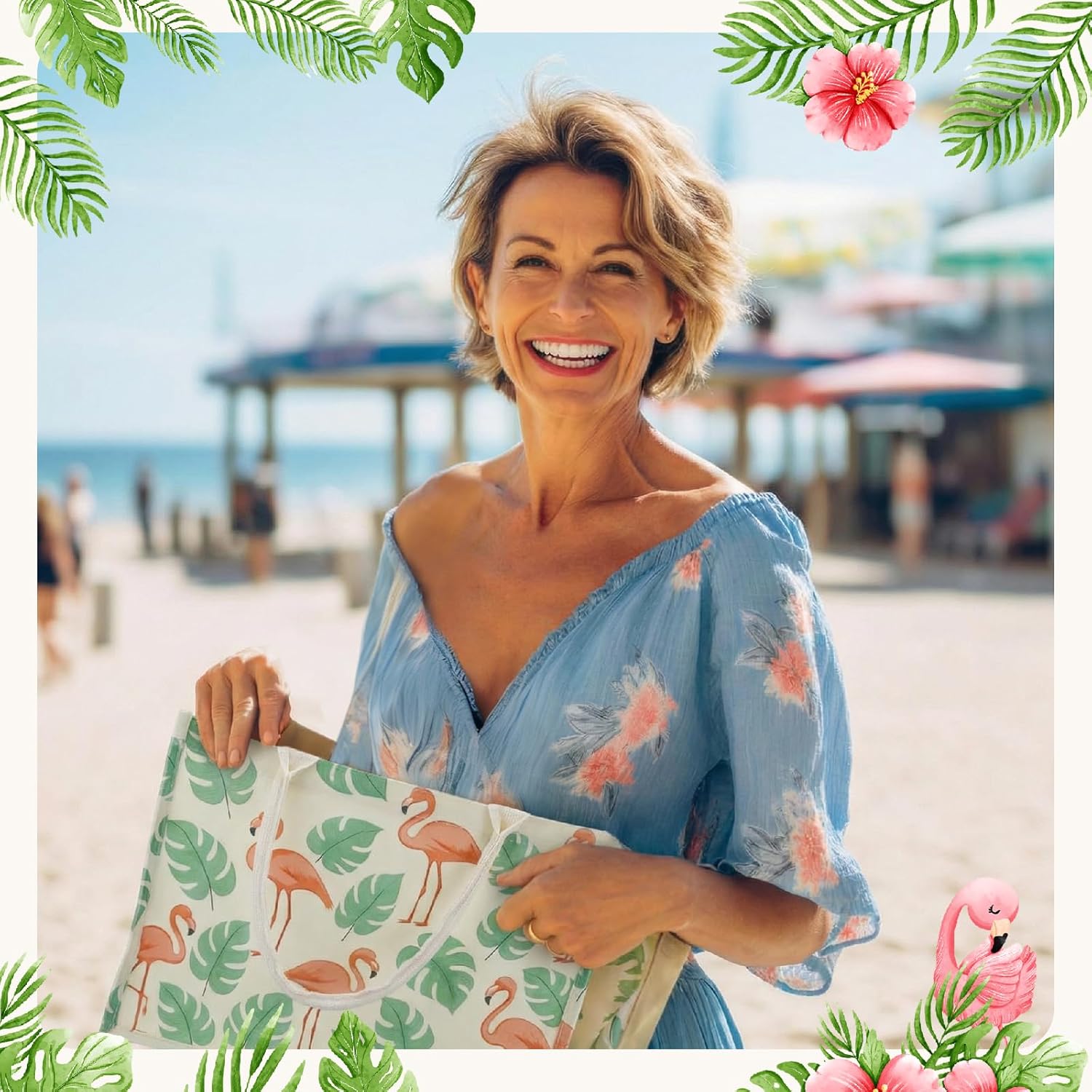 10 Pcs Flamingo Canvas Tote Bags Bulk Beach Gift Bags for Women Waterproof Sandproof Reusable Summer Tote with Handle for Swim Pool Travel Vacation Wedding Party Favor