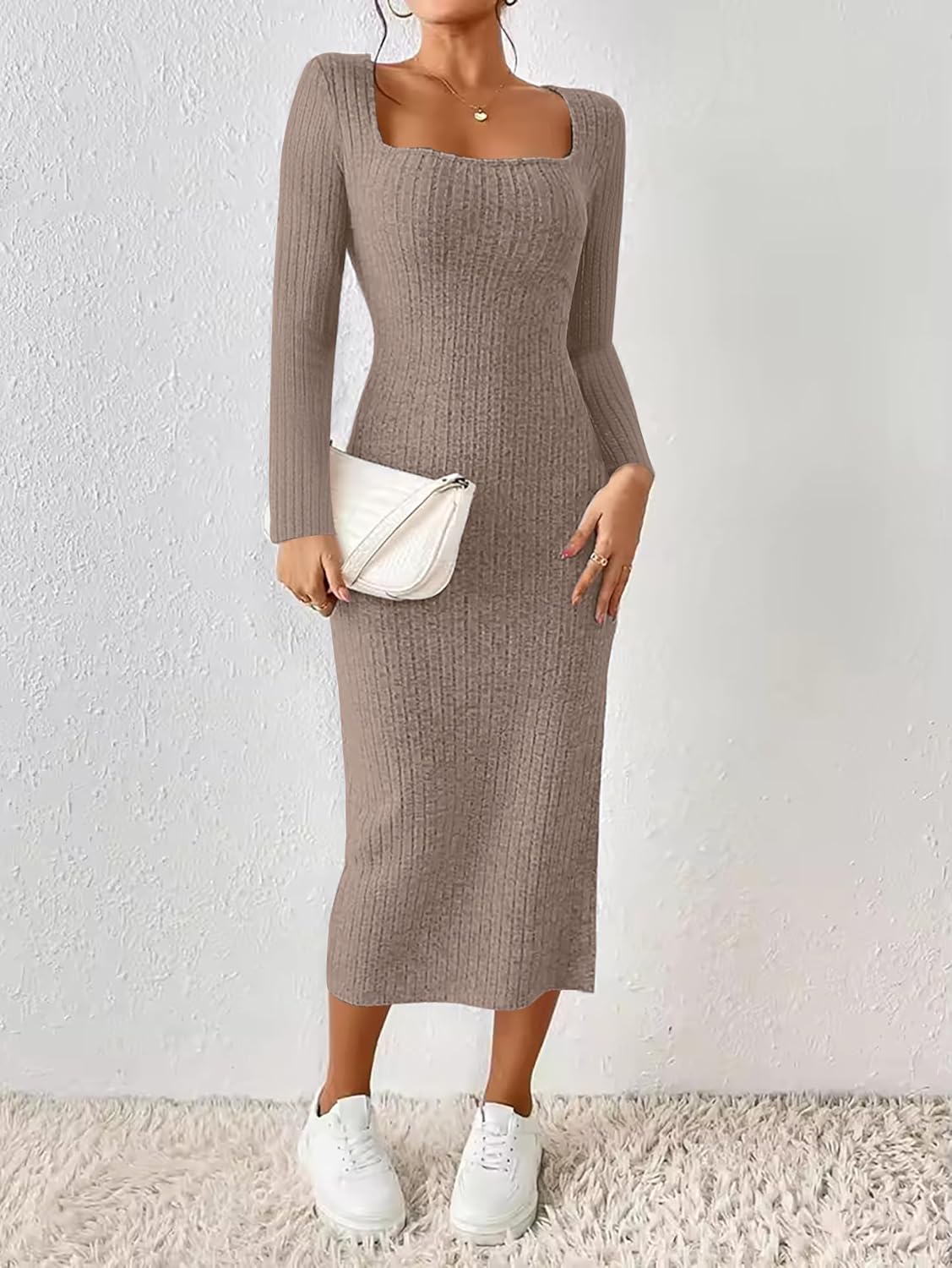 ETCYY NEW Womens Fall Dresses Square Neck Knitted Elastic Basic Spring Bodycon Versatile Slit Dress - Image 4