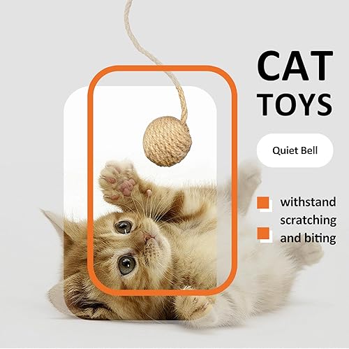 2 Inch Cat Toy Ball with 10 Inch Sisal Rope Wrapping & Quiet Bell - Natural Sisal Material for Endless Feline Fun