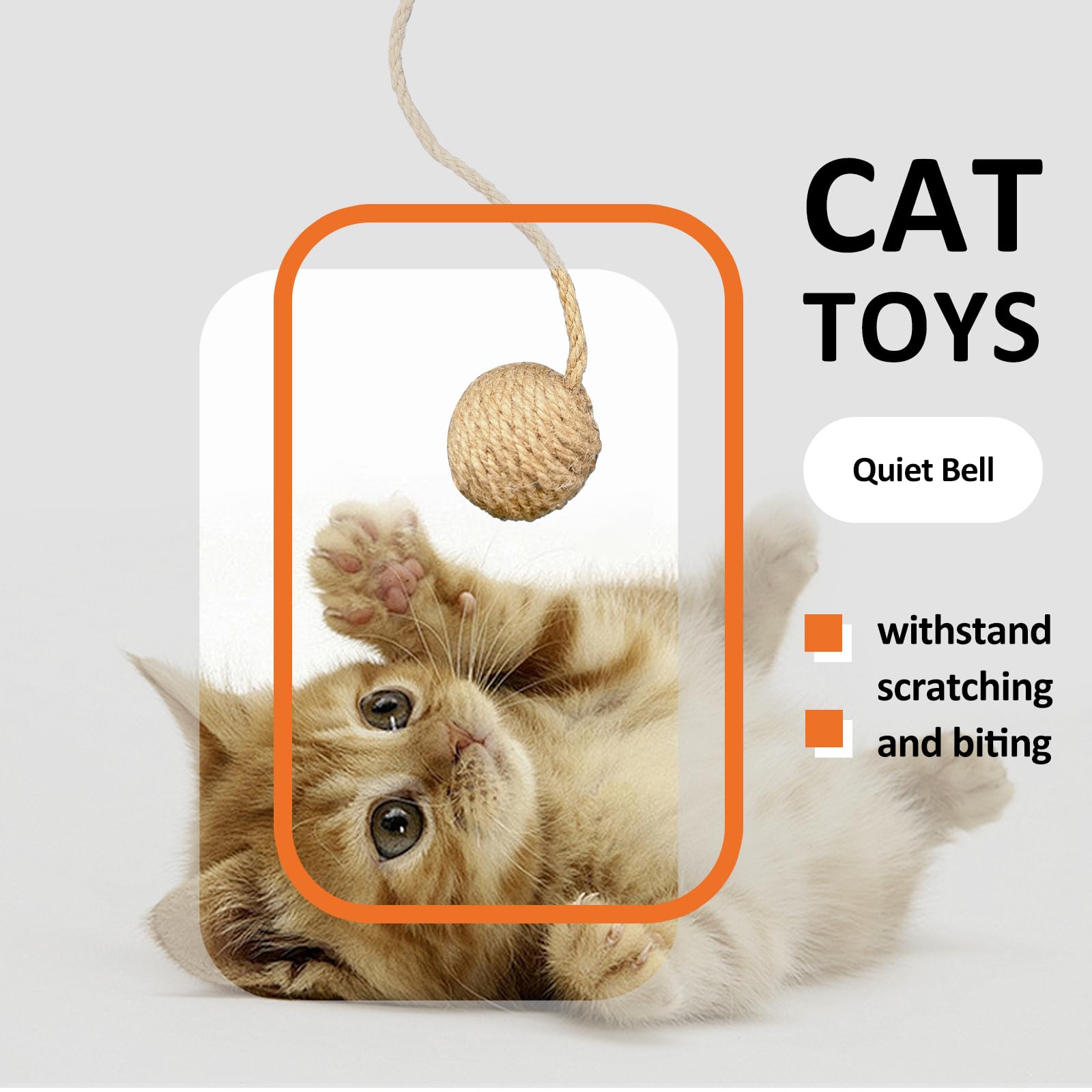READY TO PETS 2 Inch Cat Toy Ball with 10 Inch Sisal Rope Wrapping & Quiet Bell - Natural Sisal Material for Endless Feline Fun