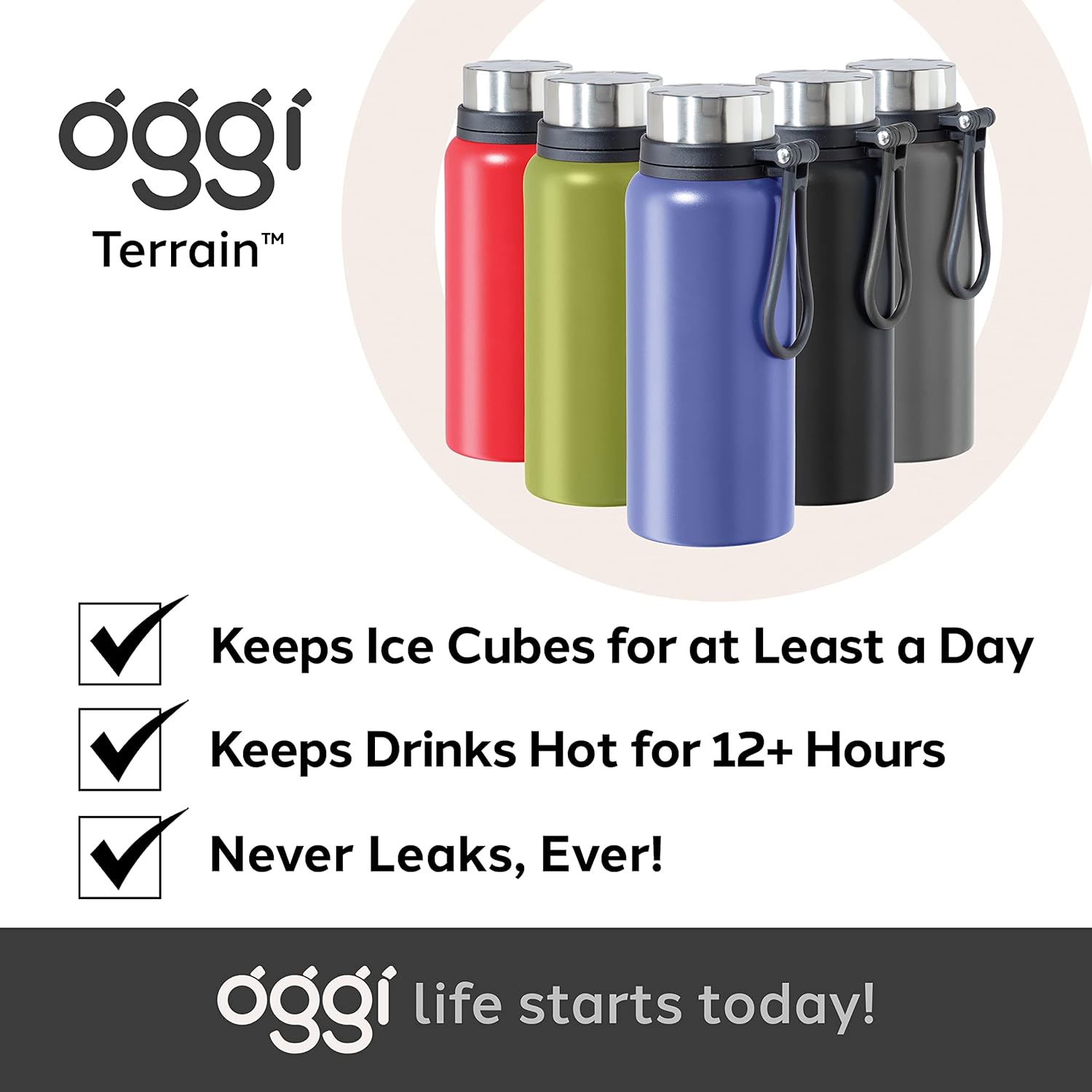 OGGI Terrain Insulated Stainless Steel Water Bottle - Large 32-Ounce Capacity, Also Suitable for Coffee & Hot Drinks, Black