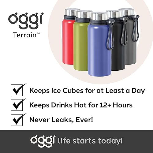 Miniatura 7 de OGGI Terrain - Botella de agua aislada de acero inoxidable, gran capacidad de 32 onzas, también adecuada para café y bebidas calientes, color rojo