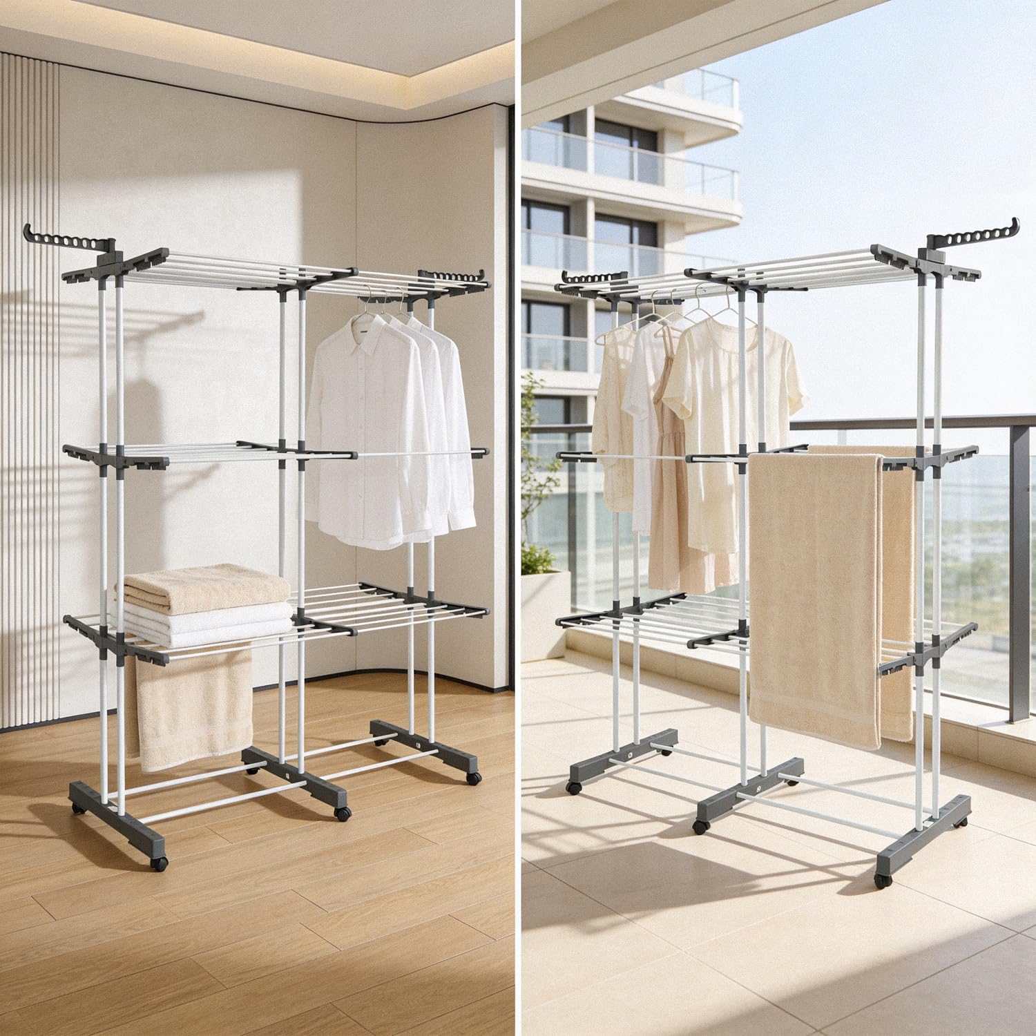 Karol™ Séchoir à Linge Pliable 40 m – Étendoir Vertical 3 Niveaux Grande Capacité – Tour de Séchage avec roulettes, Ailes pour Cintres et Supports Rabattables – Intérieur & Extérieur