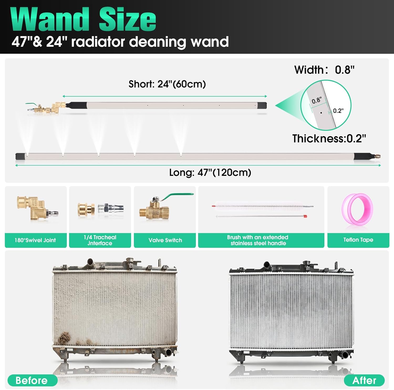47" & 24" Radiator Cleaning Wand, 8-Piece Set- 4500 PSI Stainless Steel Dual Water/Air Radiator Cleaner with Valve Switch, Connector, Cleaning Brush and Sealing Tape for Cars, Trucks, Heavy Equipment
