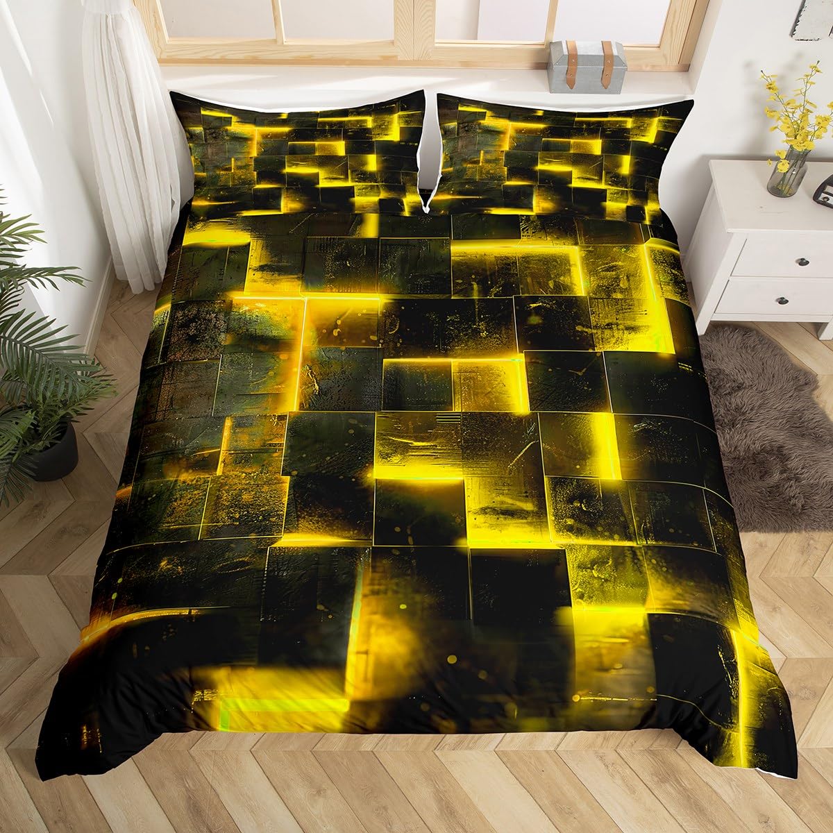 Homewish Black and Yellow Duvet Cover Double Modern Abstract Double Bedding Set, 3D Glowing Plaid Comforter Cover Gradient Grid Bed Set, Neon Square Bedding 3pcs (Black Reversible)