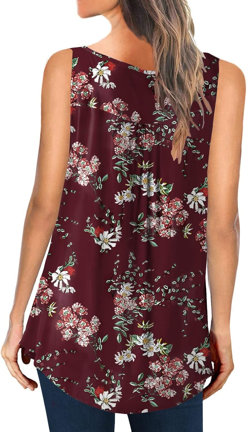 Womens Tank Tops Summer Sleeveless Henley Shirts Flowy Pleated V-Neck Tunics Tee - Image 2