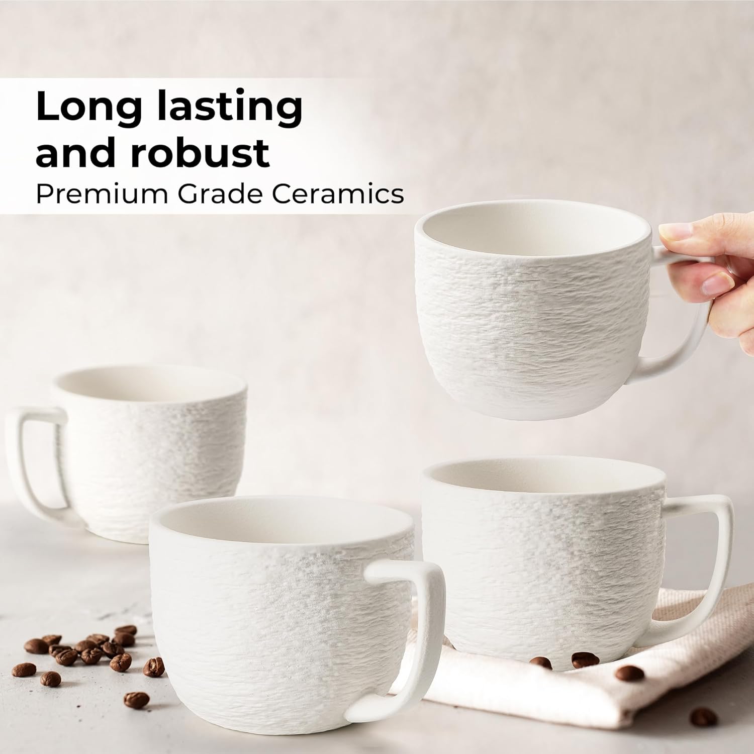 MIAMIO - Coffee Mug Set of 4 x 450 ml Cups/White Mugs Ceramic with Embossed Rock Texture for Coffee, Latte, Tea - Oasis Collection - Image 6