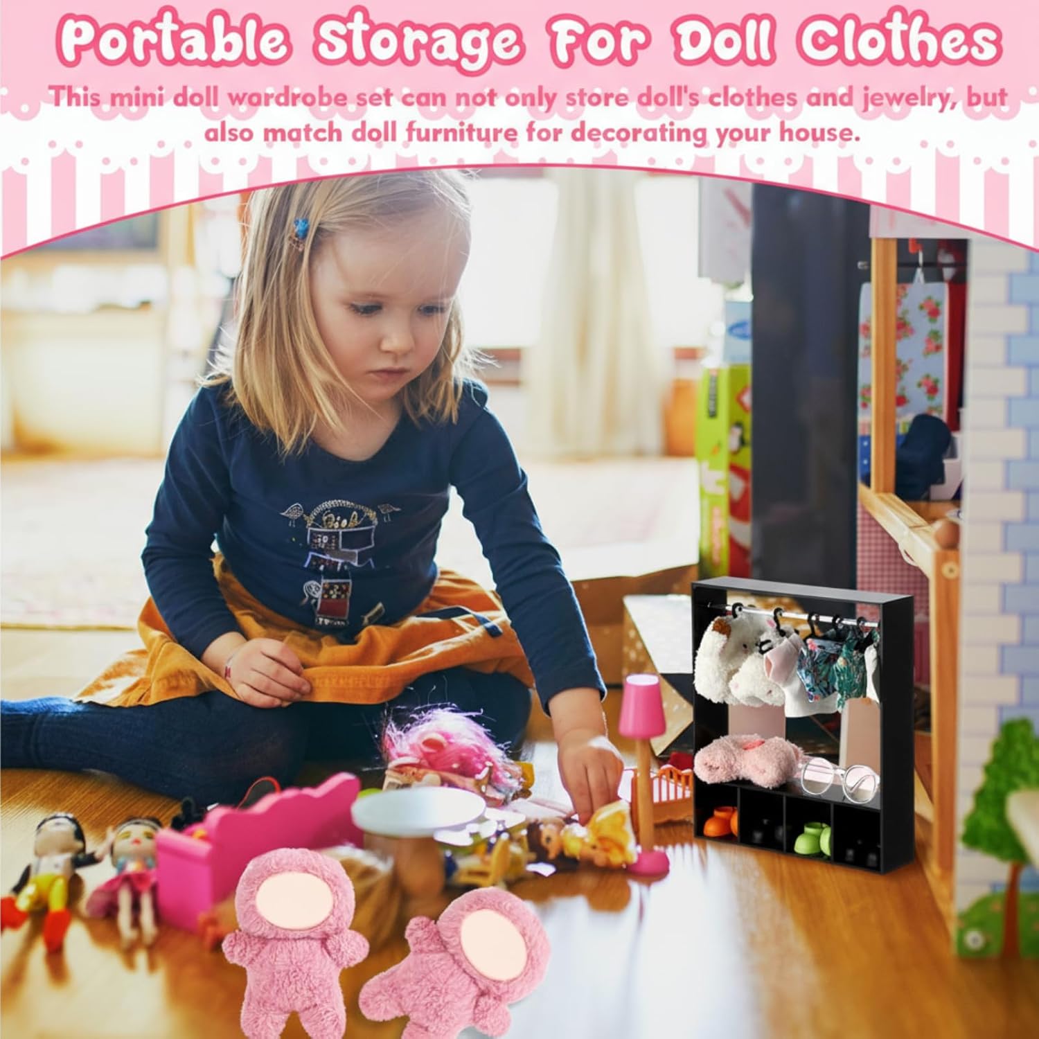 Simgoing 17cm Doll Clothes Closet with 13 Hangers Clothes Storage for Figures Wardrobe Furniture Accessories 17cm Doll Accessories Display Box Portable Storage for Dollhouse(Black)