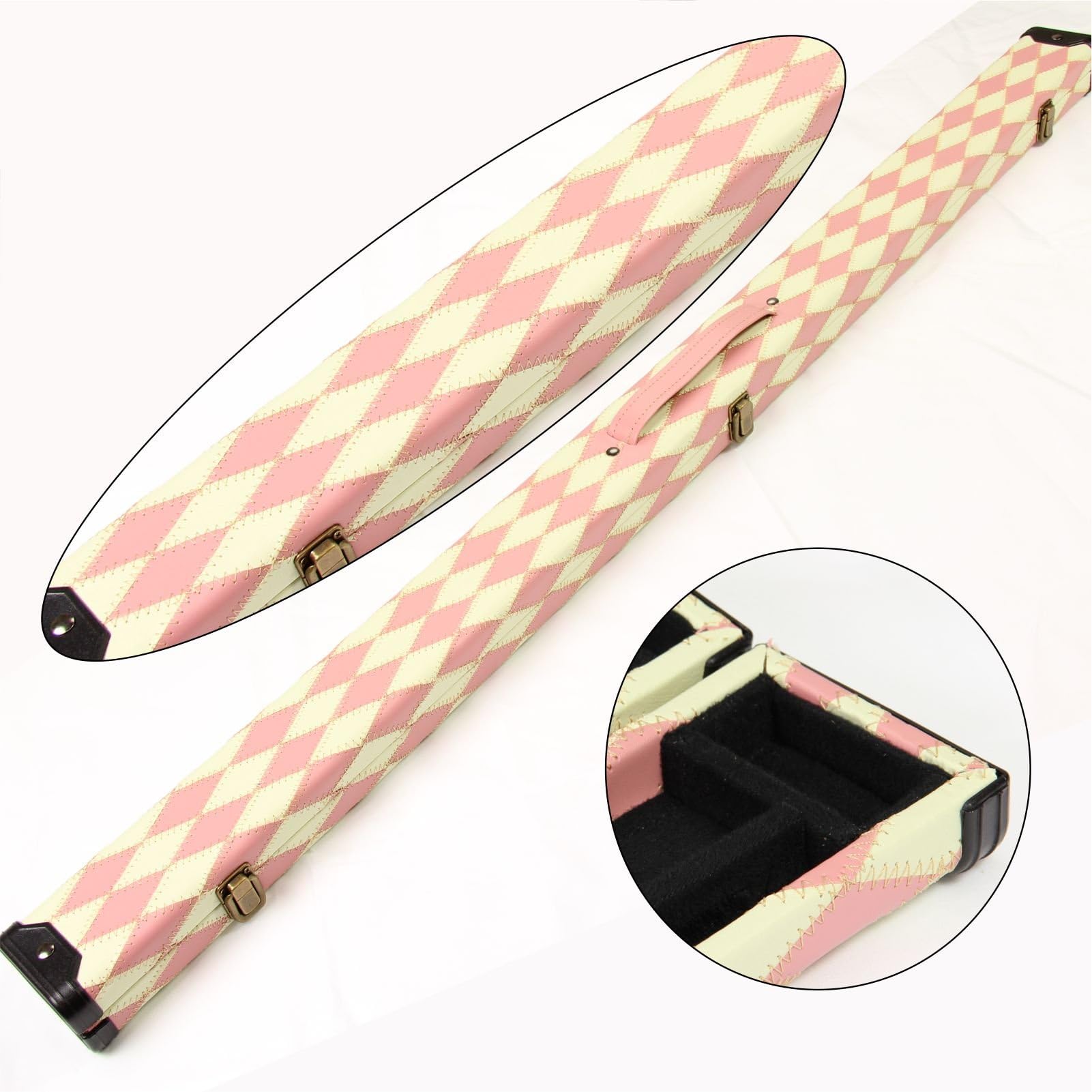 Luxury 3/4 PINK and WHITE DIAMONDS Leather Patch Effect Snooker Pool Cue Case