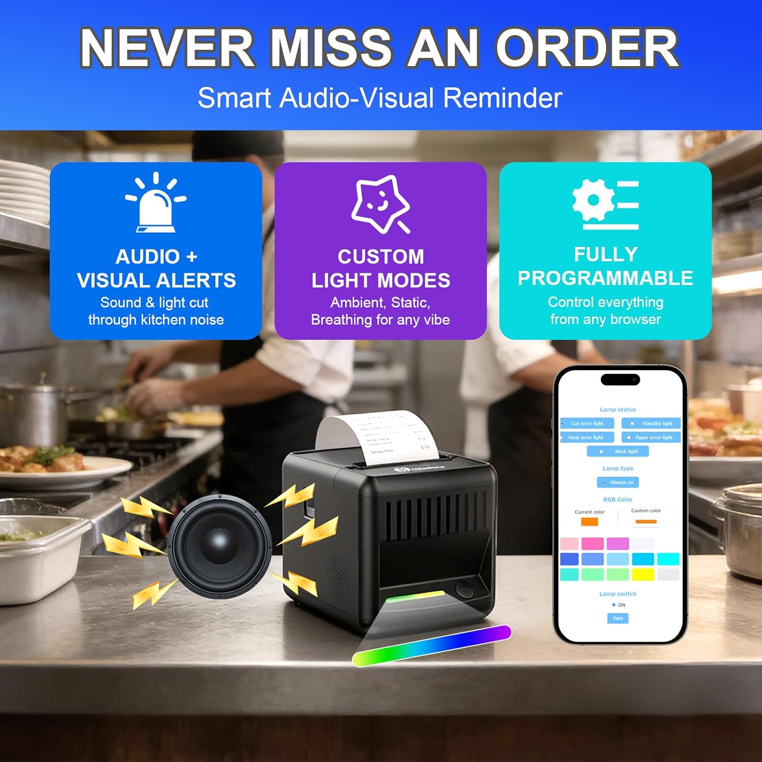 Milestone P80E POS Receipt Printer, 80mm USB Thermal Receipt Printer with Auto Cutter & Audio-Visual Alerts, Restaurant Kitchen Retail Printers with USB Ethernet Cash Drawer Support Windows Mac