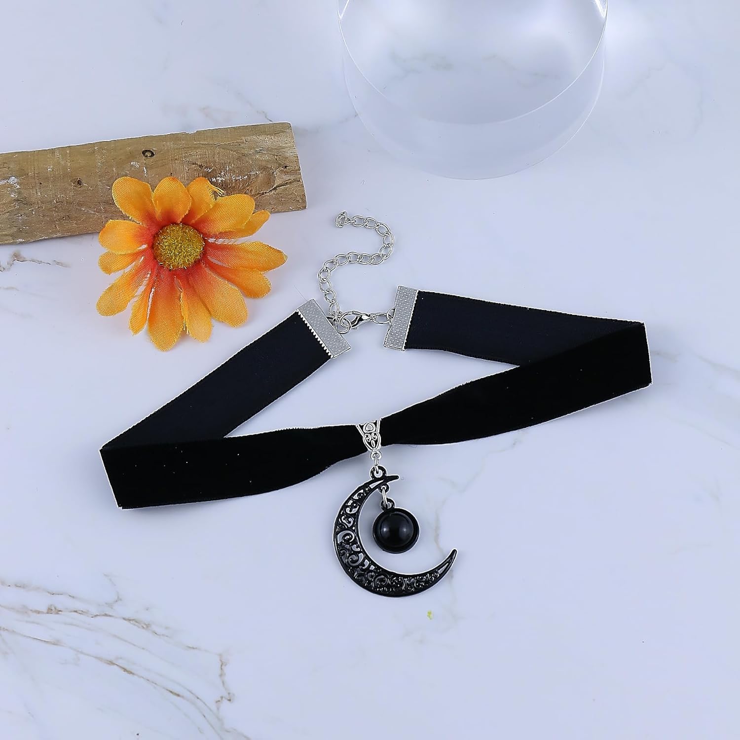Gothic Black Velvet Moon Crystal Choker Necklace for Women,Black Choker Moon Necklace Vintage Punk Crescent Necklaces Goth Jewelry Witch Costume Accessories - Image 6