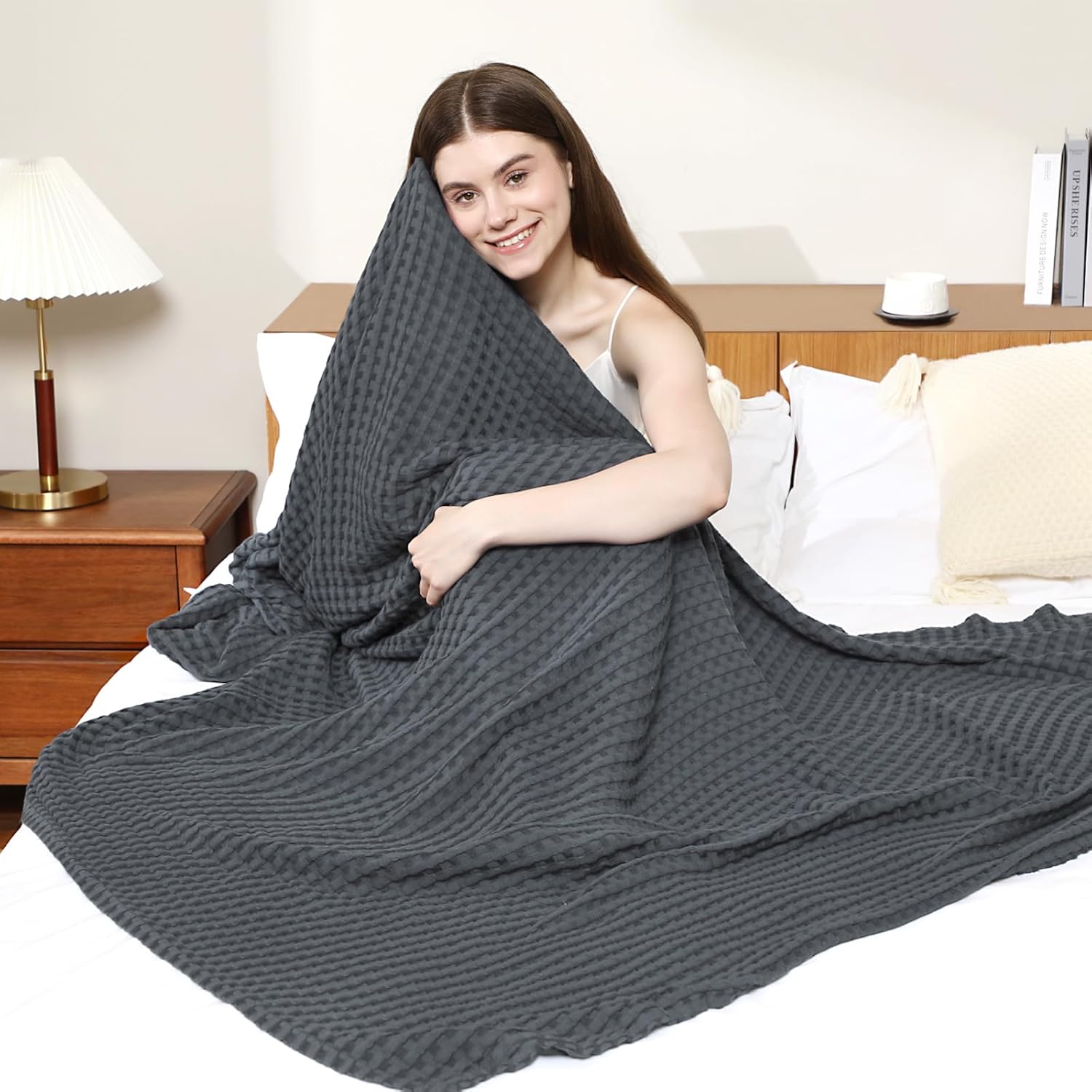 Aganear Waffle Blanket - Lightweight Breathable Summer Blanket of 50% Cotton and 50% Rayon Derived from Bamboo for Hot Sleepers Luxury Throws for Bed, Couch and Sofa,Dark Grey,104x90 Inches - Image 3