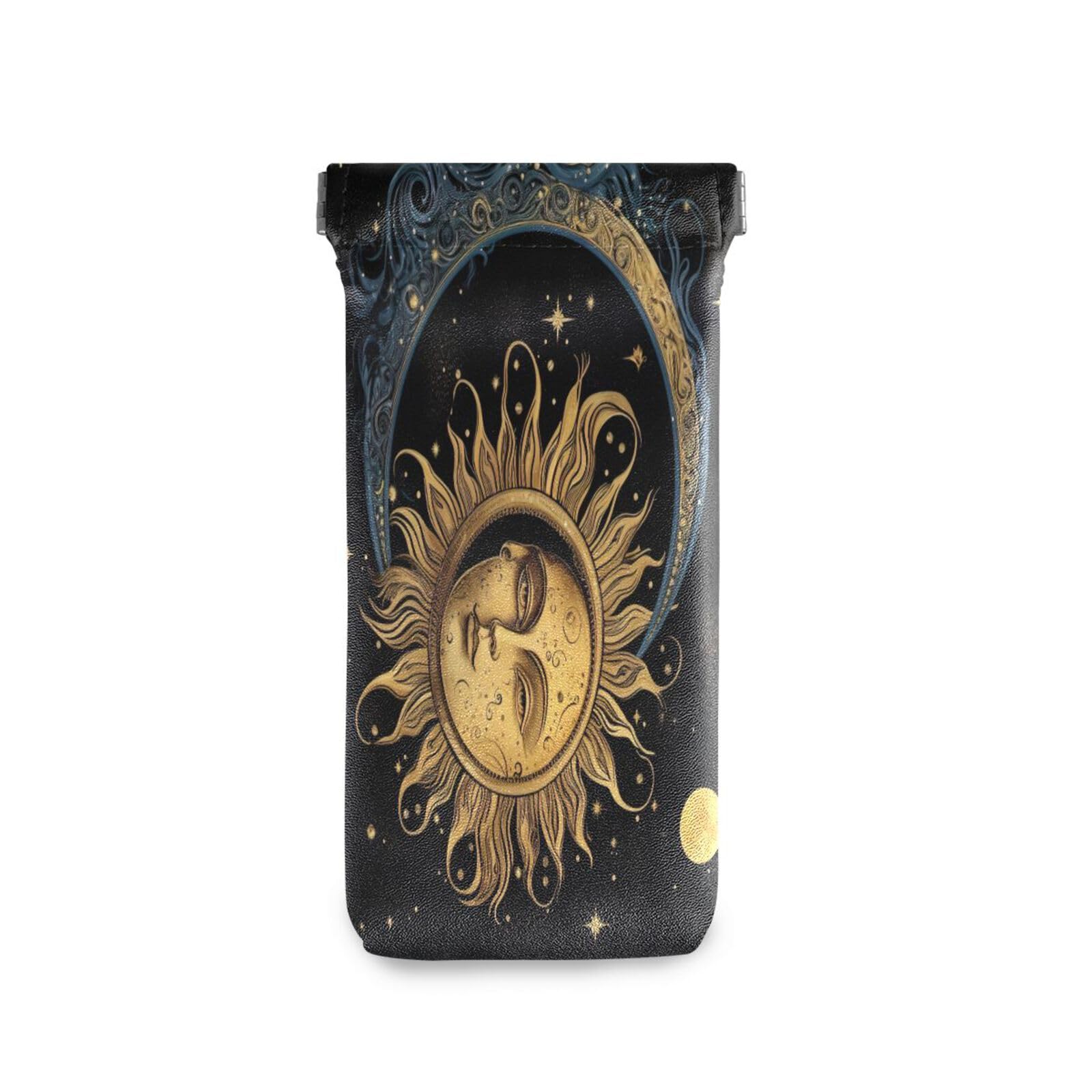 FLildon Sun and Moon Eyeglasses Pouch Squeeze Top Sunglasses Case Soft PU Leather Eyeglass Bag for Men Women