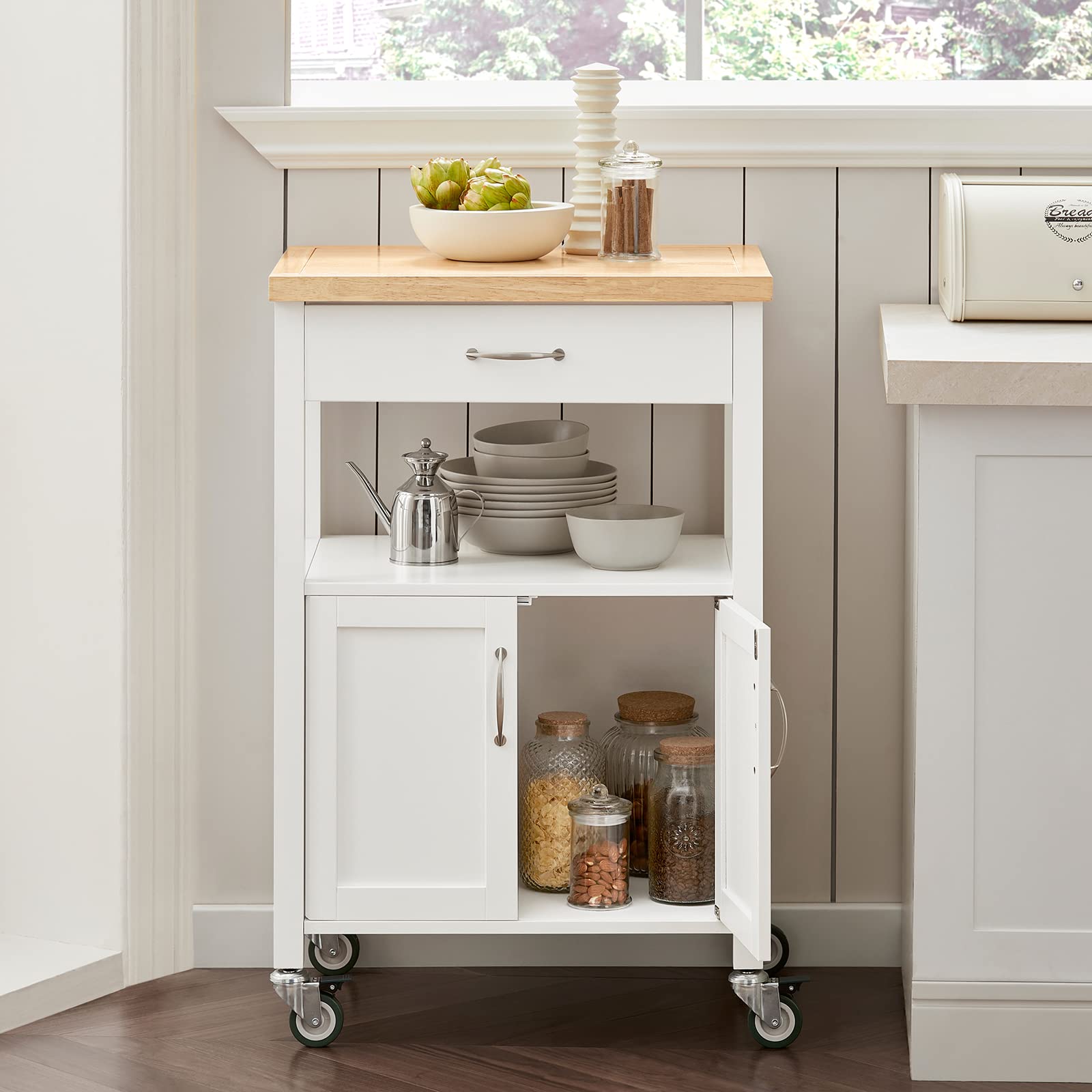 SoBuy Carrito Cocina con Ruedas, encimera de Caucho & 4 Ruedas, 60x92x44cm | Mueble Auxiliar con cajón, estante abierto & armario de 2 puertas, compacto, MDF, cocina & exterior & dormitorio, FKW22-WN