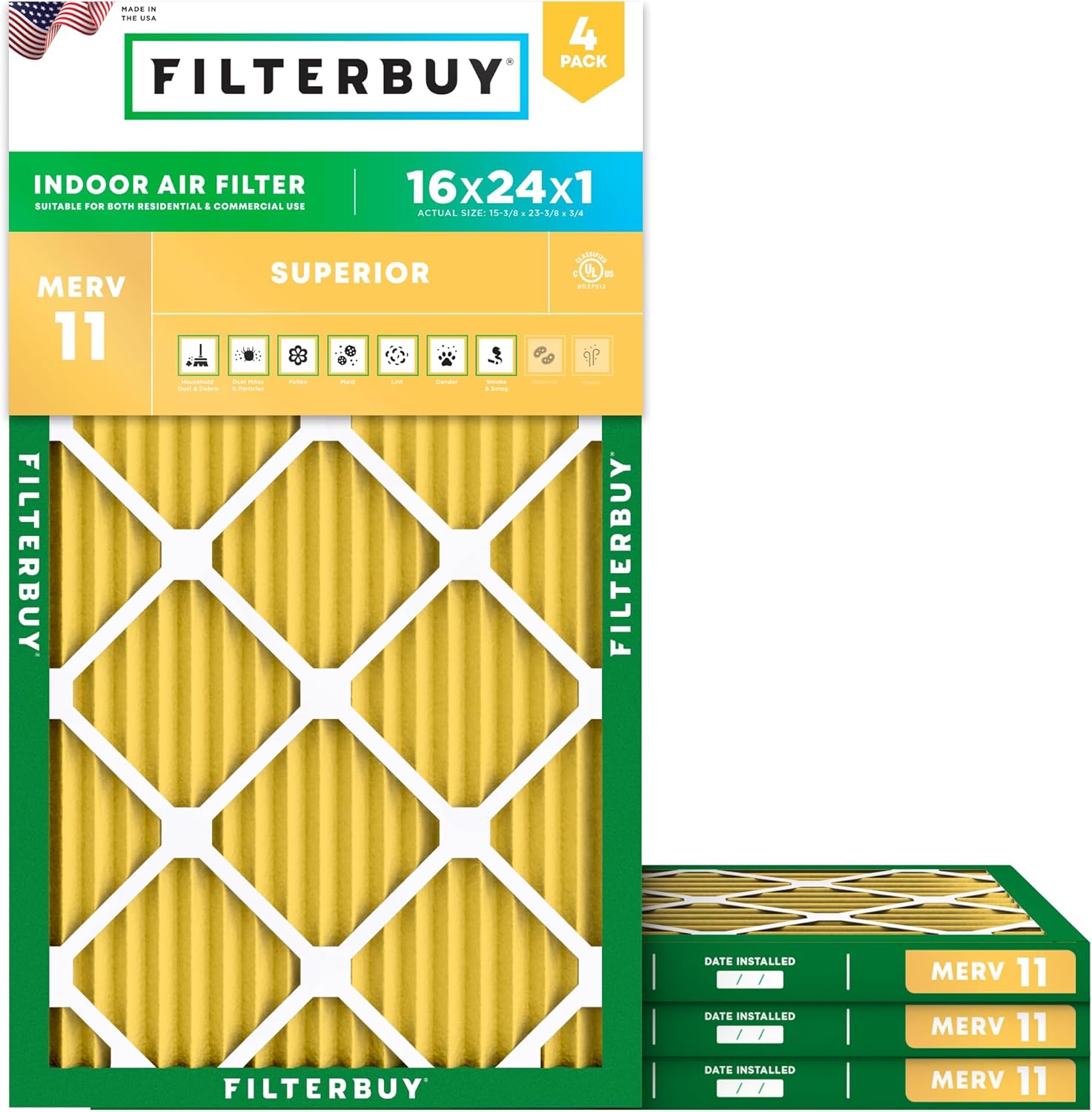 Filterbuy 16x24x1 Air Filter MERV 11 Superior Pet & Allergy Defense (4-Pack), Electrostatic Pleated HVAC AC Furnace Filters Replacement (Actual Size: 15.38 x 23.38 x 0.75)