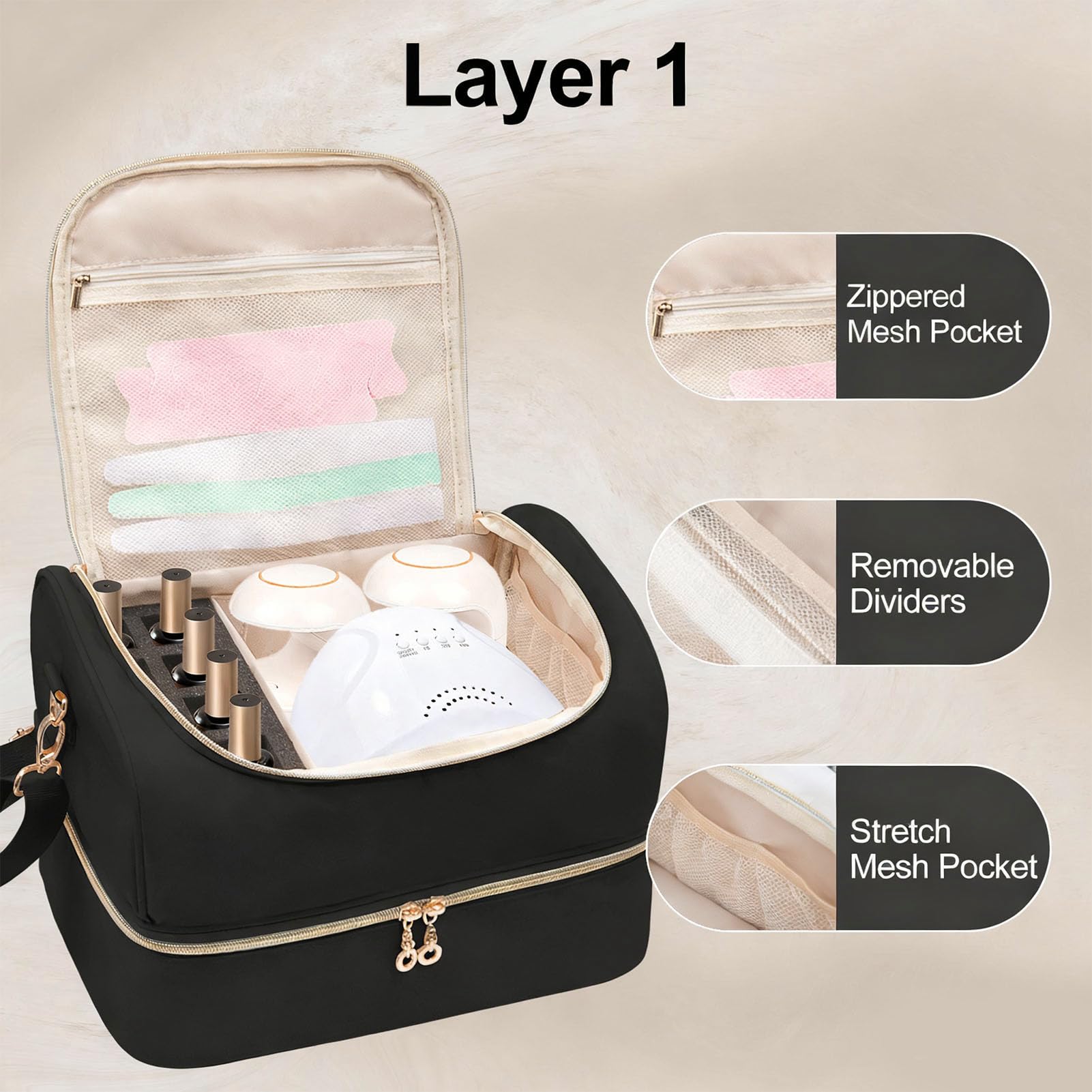 Borsa Organizer per Smalti per Unghie, Custodia Portatile per Manicure Viaggio Professionale con Tracolla Regolabile, Contiene 60 Bottiglie per Onicotecnici e Professionisti del Salone (BLACK)