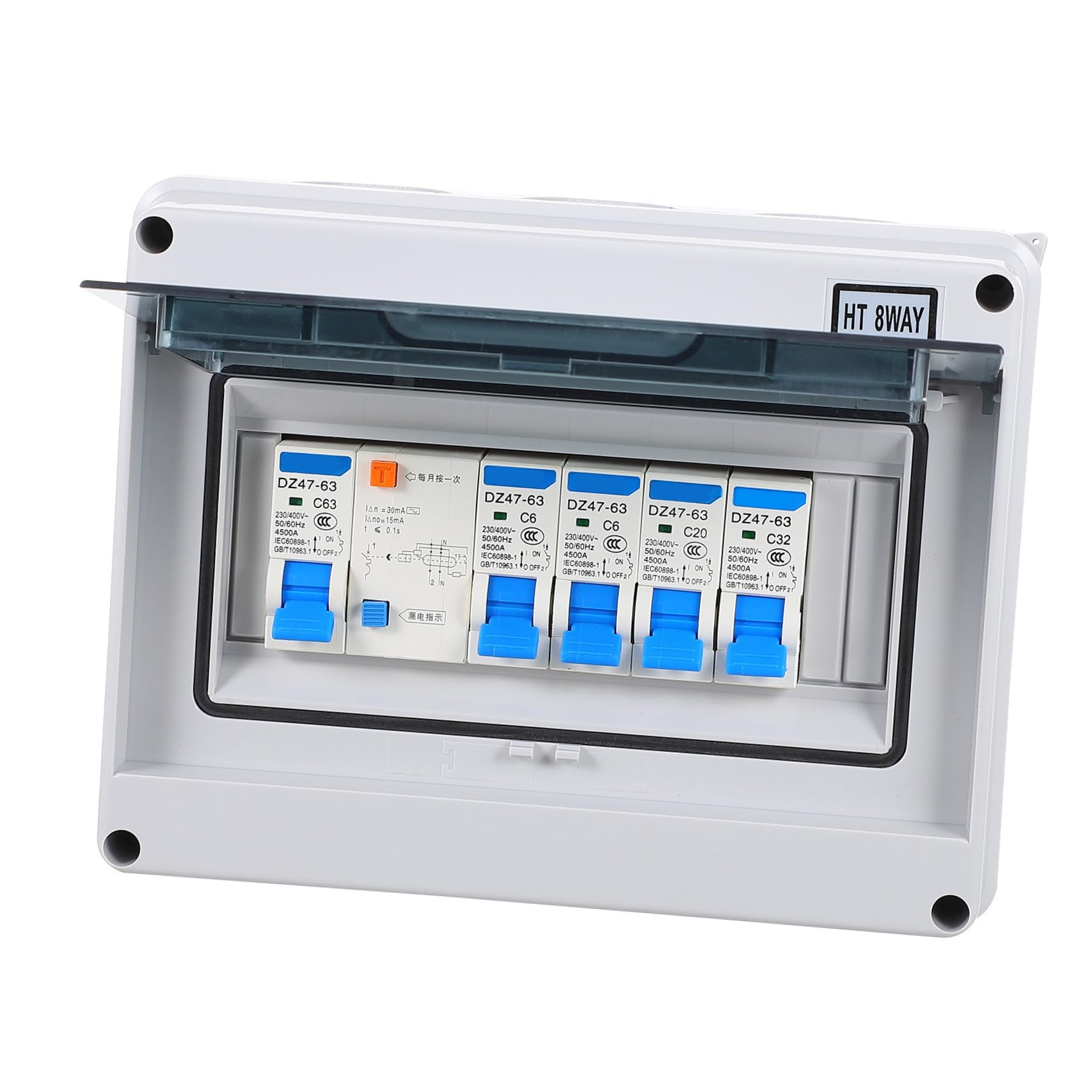 Fehlerstromschutzschalter 400v 63a 8-fach mit 30ma, 3000a | Nylon Gehäuse Ip54, 0, 1s Auslösezeit, 50/60hz, für Garage und Werkstatt