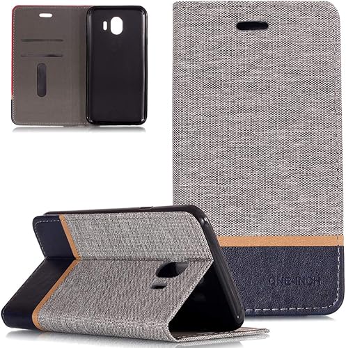 FNBK Kompatibel mit HA lle Samsung Galaxy 2018 Leder HandyhA lle Grau Tasche Retro Automatische Slim Leder Wallet Case Schutz Flip Case KlapphA lle SchutzHA lle StA nder Weich Silikon Cover