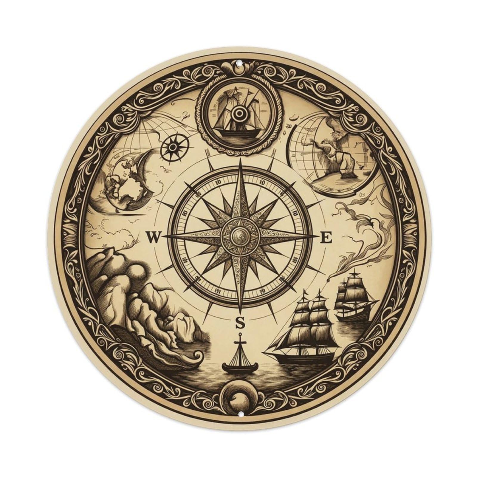 Vintage Nautical Compass World Map Quarterdeck Path Metal Tin Sign
