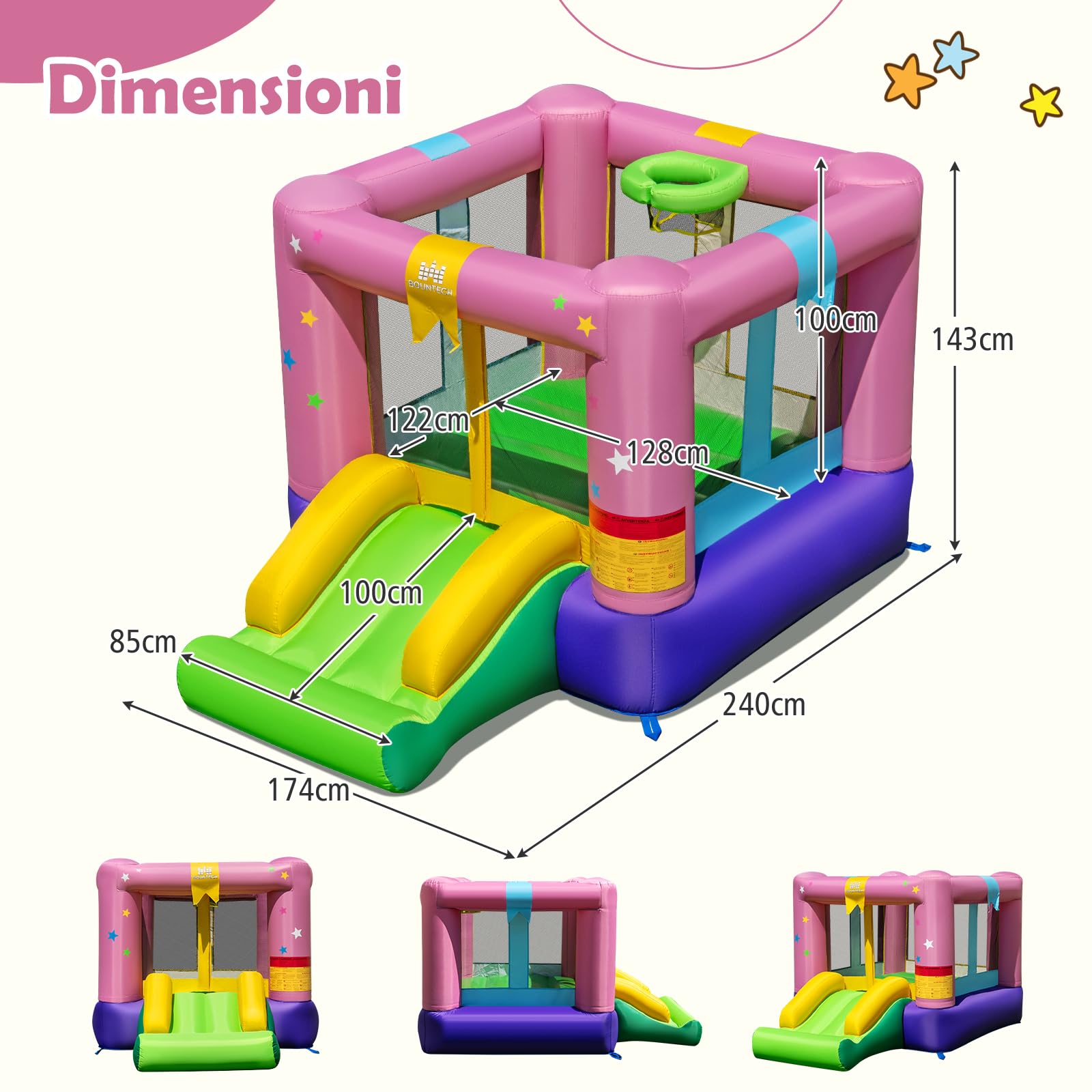 GYMAX Castello Gonfiabile con Area Salto, Scivolo, Gioco di Pallacanestro, Mini Rimbalzante per Bambini con Borsa da Trasporto, Mini Trampolino Gonfiabile per Feste Interno e Esterno