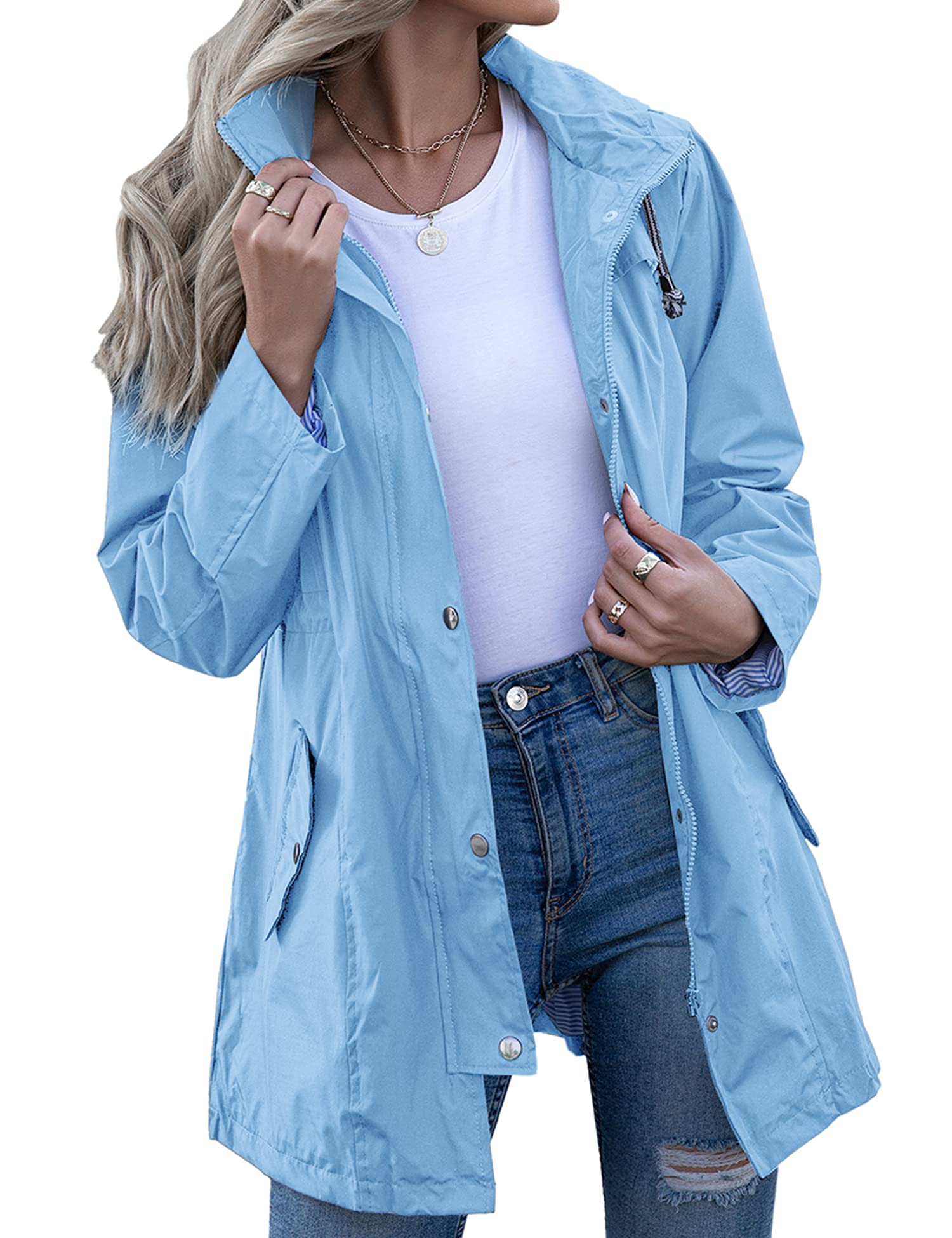 Kikibell Rain Jacket Women Striped Lined Hooded Lightweight Raincoat Outdoor Waterproof Windbreaker