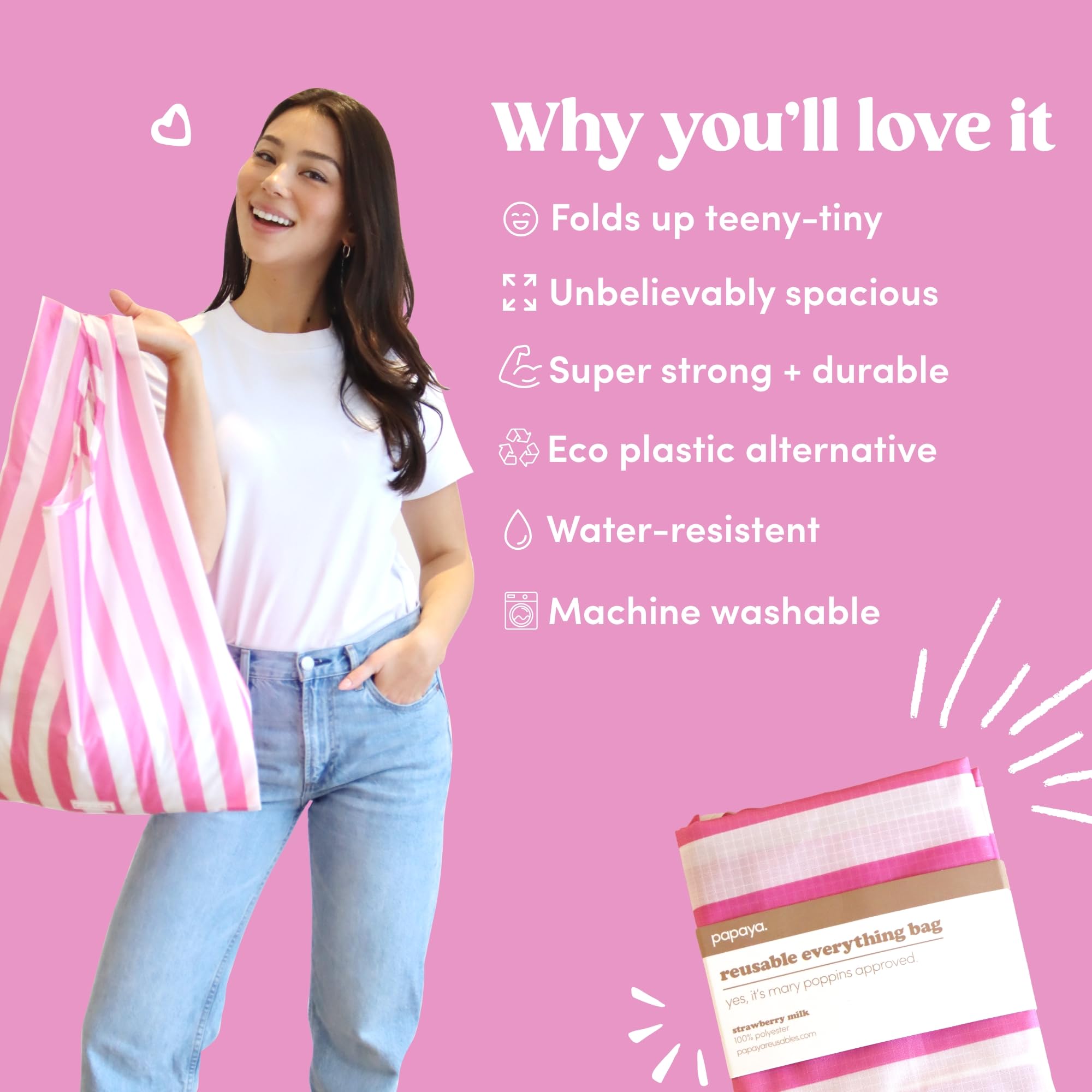 Papaya 3 Pack Reusable Grocery Shopping Bag, Washable Foldable Lightweight Tote, Durable Eco-Friendly Essentials