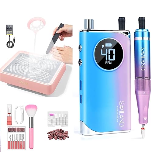 Saviland Taladro de uñas recargable de 40000 RPM y colector de polvo de uñas Saviland con lámpara