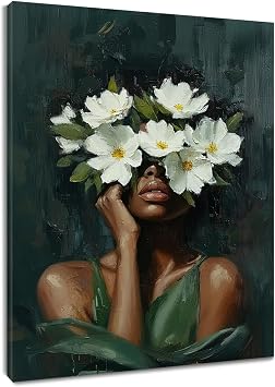 HVEST African American Women Wall Art Black Girl and White Floral on Green Abstract Canvas Wall Art Modern Aesthetic Black Woman Wall Decor for Bedroom Living Room Dorm Bathroom Decor,16L X 12W inches