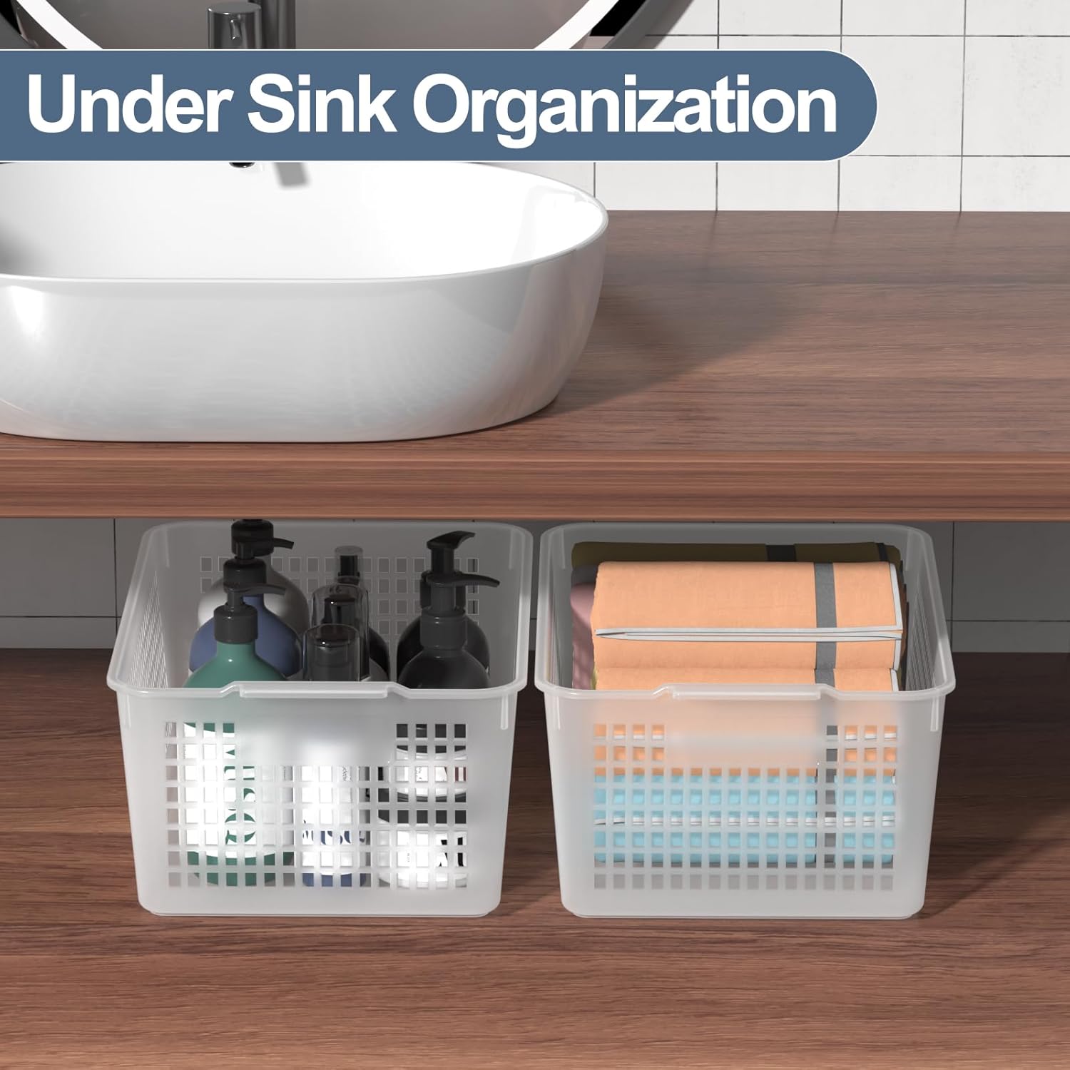 Large Plastic Storage Organization Bins Basket, Set of 3, Clear