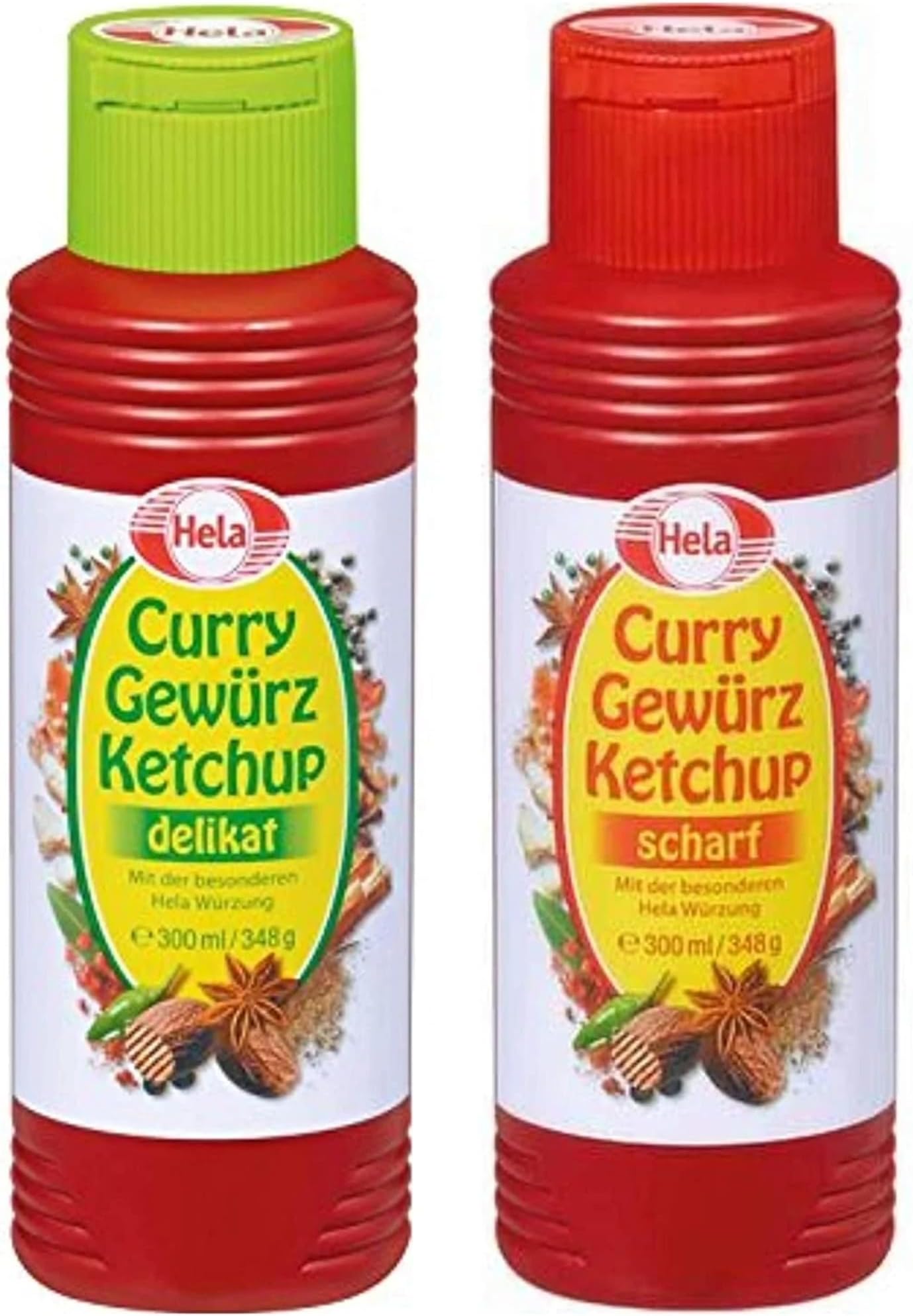 Hela 2 Flavor Curry Gewurz Ketchup (1) Mild and (1) Hot - 2 Pack Bundle - 300 ml each