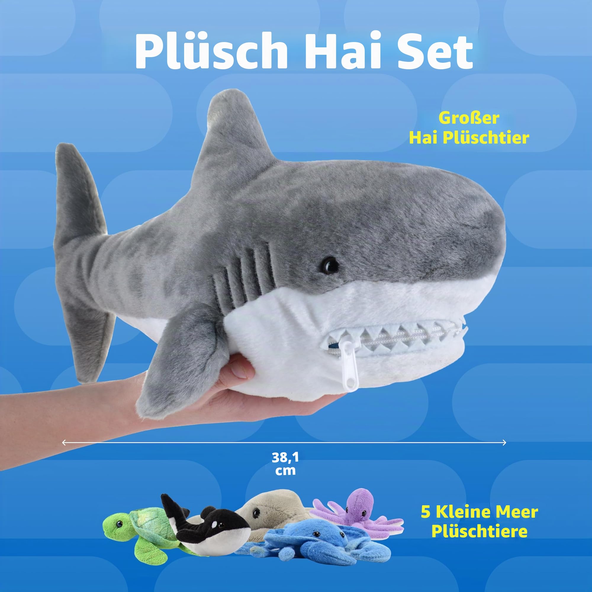 Prextex 38 cm großer Plüsch-Hai Plus 5 weiche Plüsch-Meerestiere, Kuscheltiere Stofftiere wie Oktopus, Krabbe, Schildkröte, Stachelrochen und Blauwal