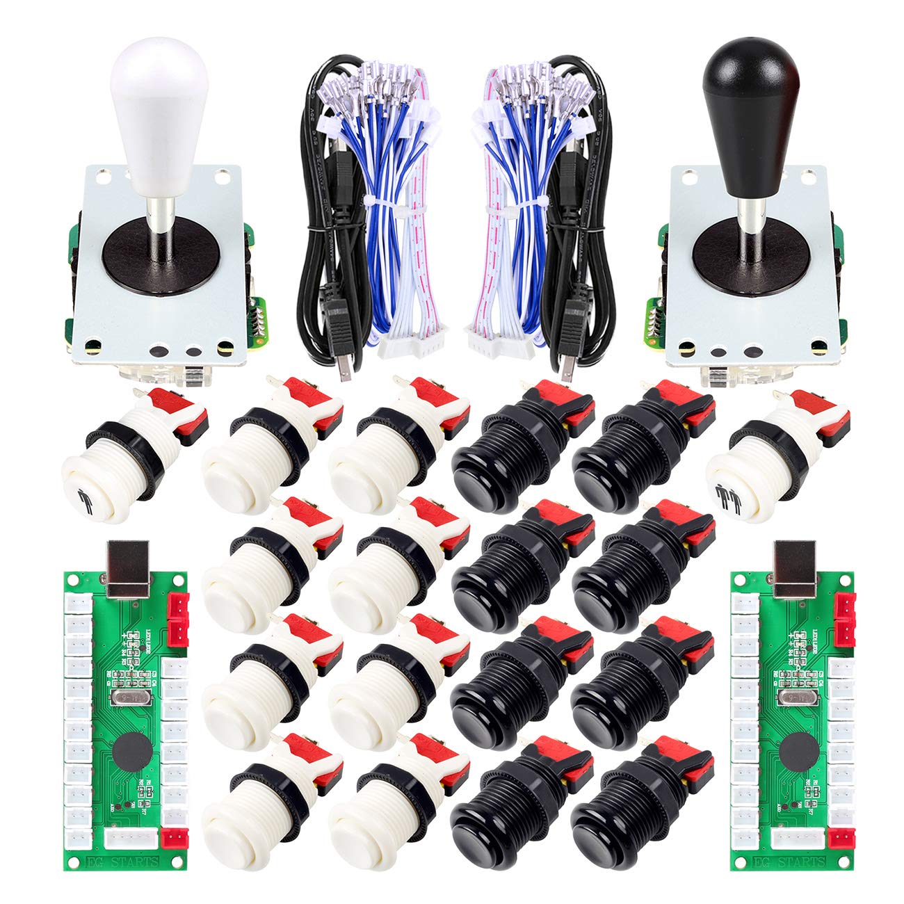 EG STARTS 2 Giocatori Arcade Joystick Parti Fai Da Te USB Encoder 2X Ellipse Maniglia Joystick Ovale 18x Pulsanti Stile Americano Arcade Per PC, MAME, Raspberry Pi, Sistema Windows (Nero & Bianco