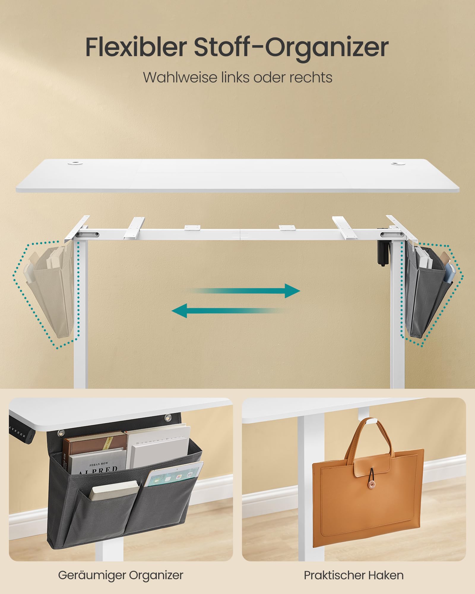 SONGMICS Höhenverstellbarer Schreibtisch elektrisch 160 x 70 cm stufenlos verstellbar Memory-Funktion 4 Höhen wolkenweiß