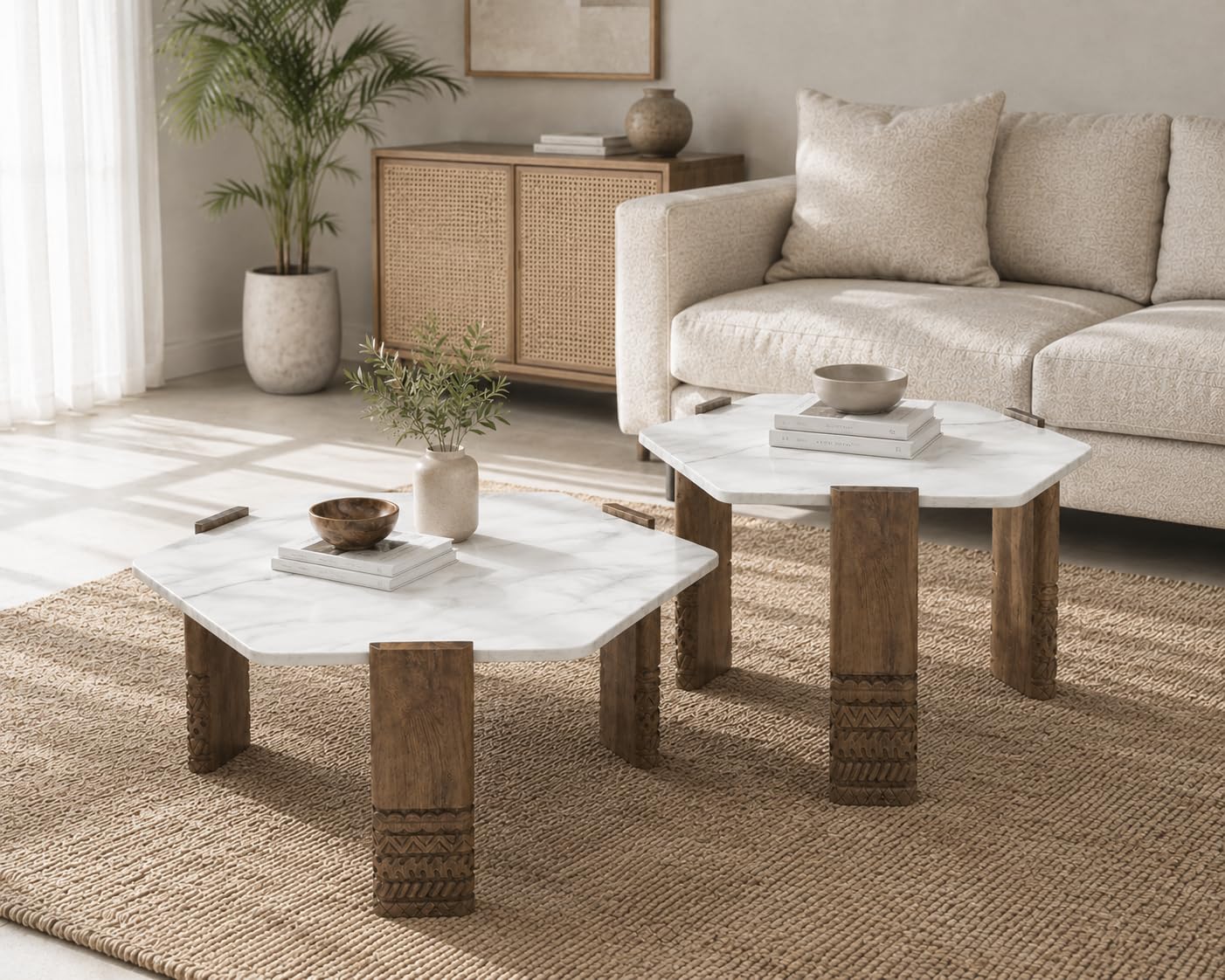 The Attic Marvo Coffee Table Set of 2 for Living Room, Hexa Shape, Wooden Carved Legs, White Marble and Natural Wood