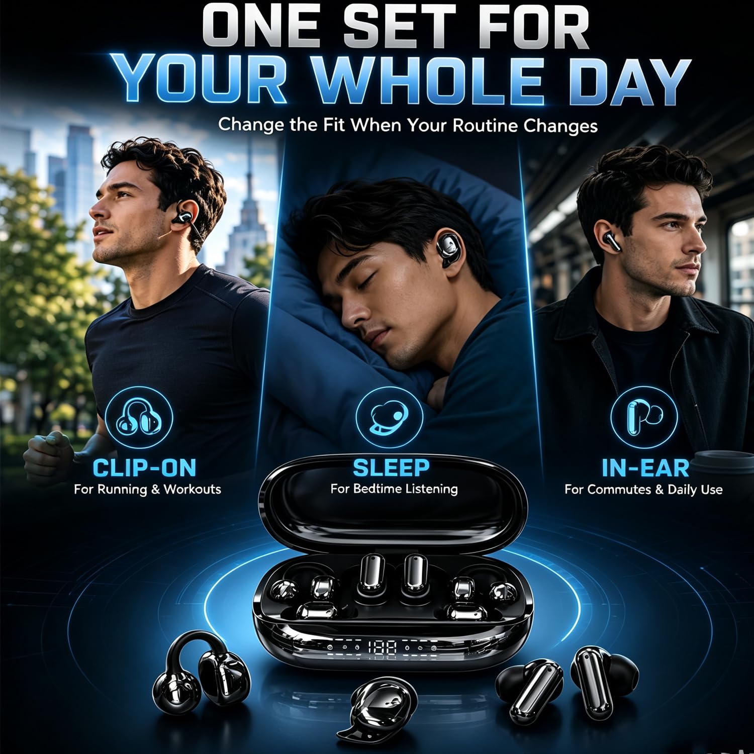 Auricolari wireless Bluetooth 6 in 1, con clip intercambiabili, auricolari in-ear e sleep con custodia di ricarica ricaricabile, controllo APP EQ, display digitale LED, cuffie a bassa latenza per