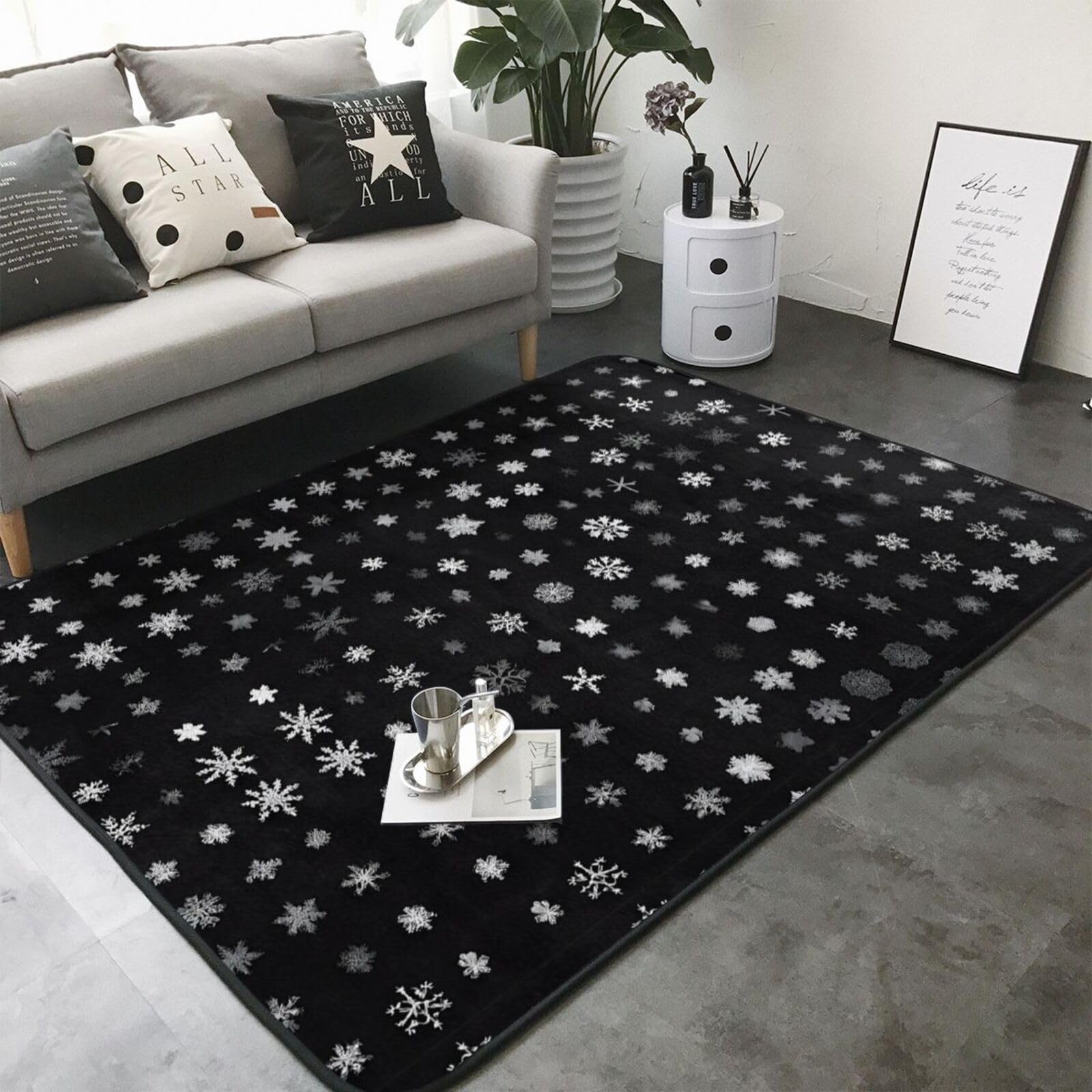 Black & White Big Snow Print Living Room Anti Slip and Absorbent Carpet, Indoor Bedroom Bed Floor Mat, Ultra Soft Washable Carpet 80x58 in