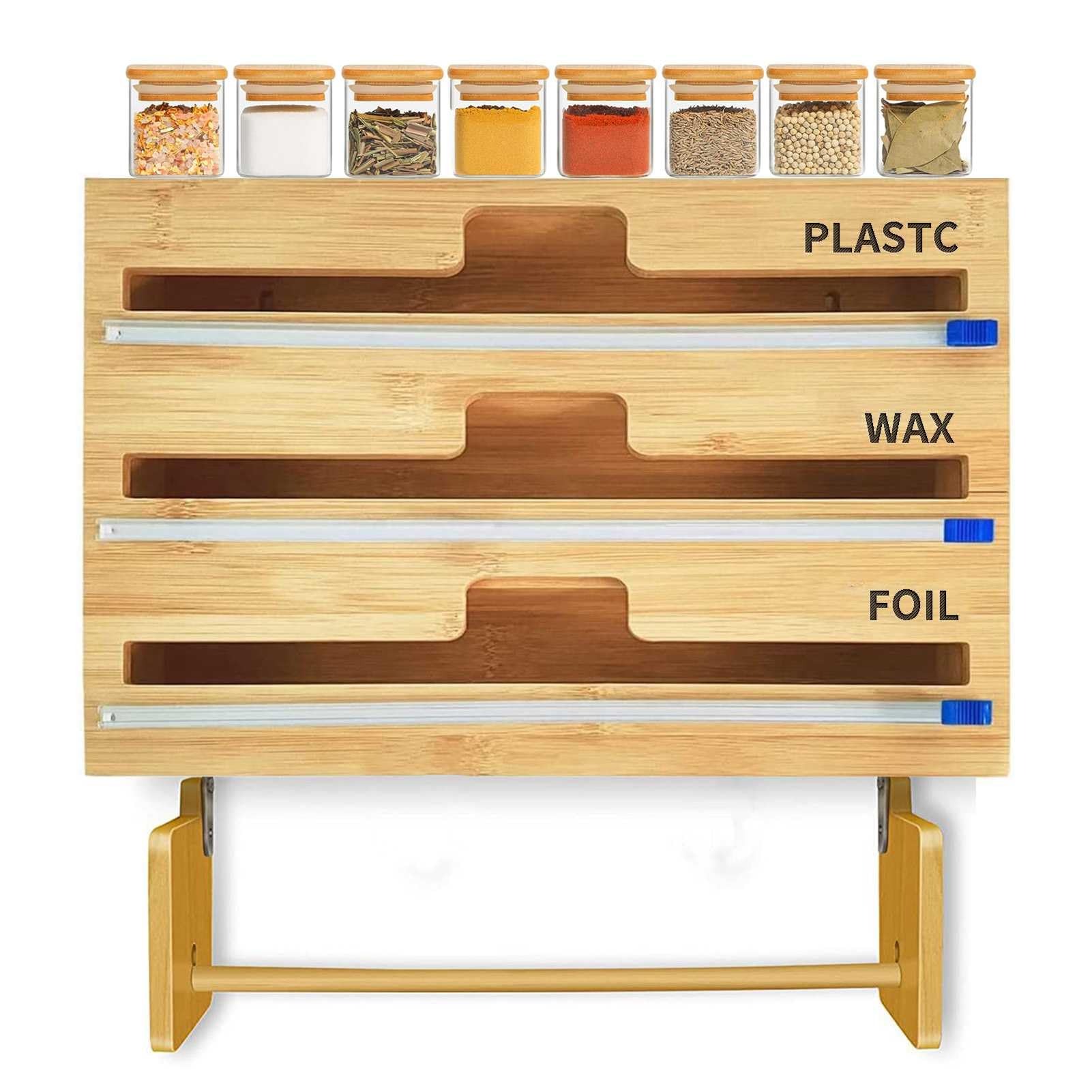 Dispenser e taglierina 4 in 1 per pellicola trasparente, pellicola trasparente, foglio di alluminio e carta cerata, organizer da cucina per 12 rotoli, compatibile con cassetti da parete, porta rotolo