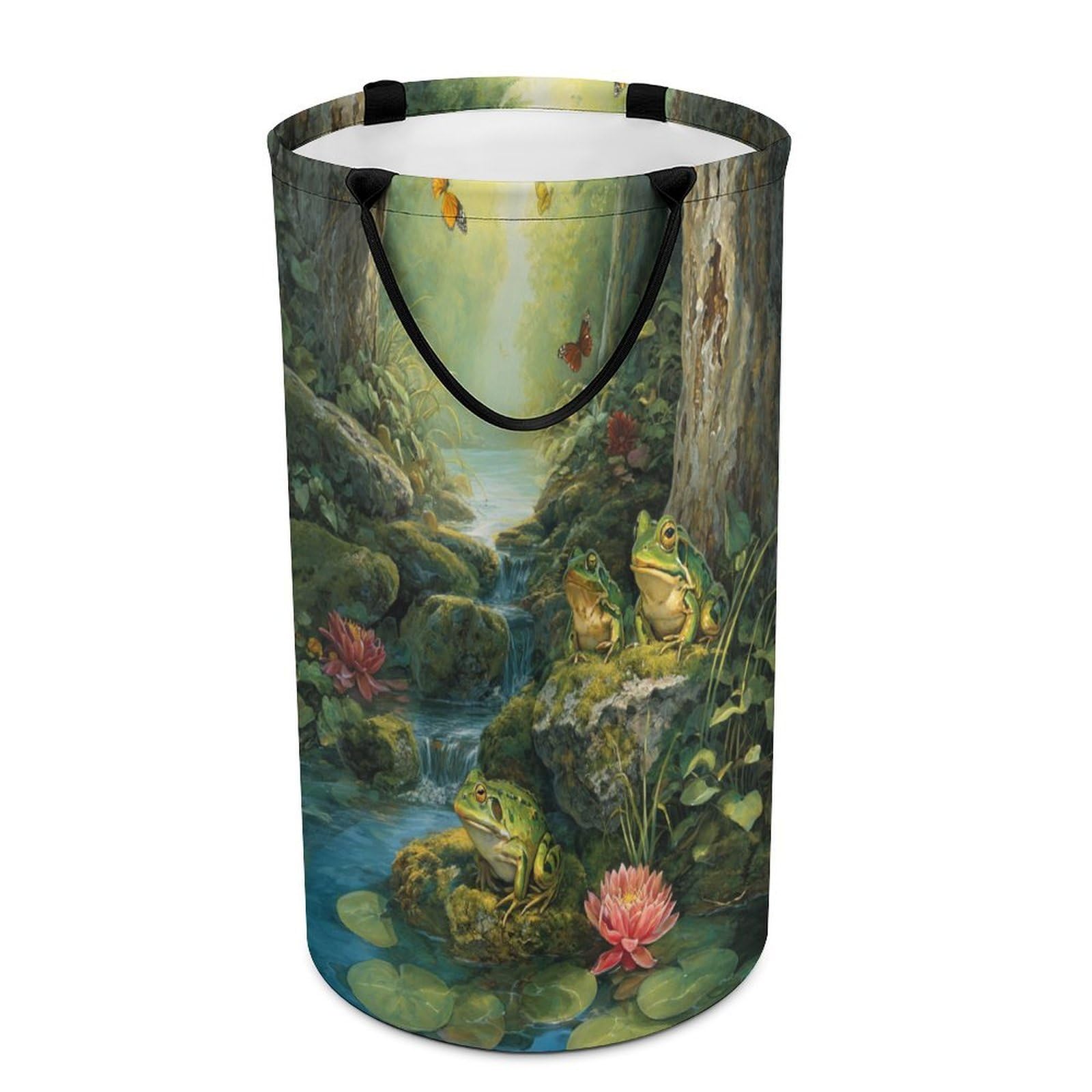 LUYYSKY Colorful Classic Cute Frog Versatile Storage Laundry Basket, Fantasy Retro Spring Garden Animal Butterflies Plant Lotus Flowers Large Bathroom Laundry Hamper With Handle-40 CM Dia, 69 CM High