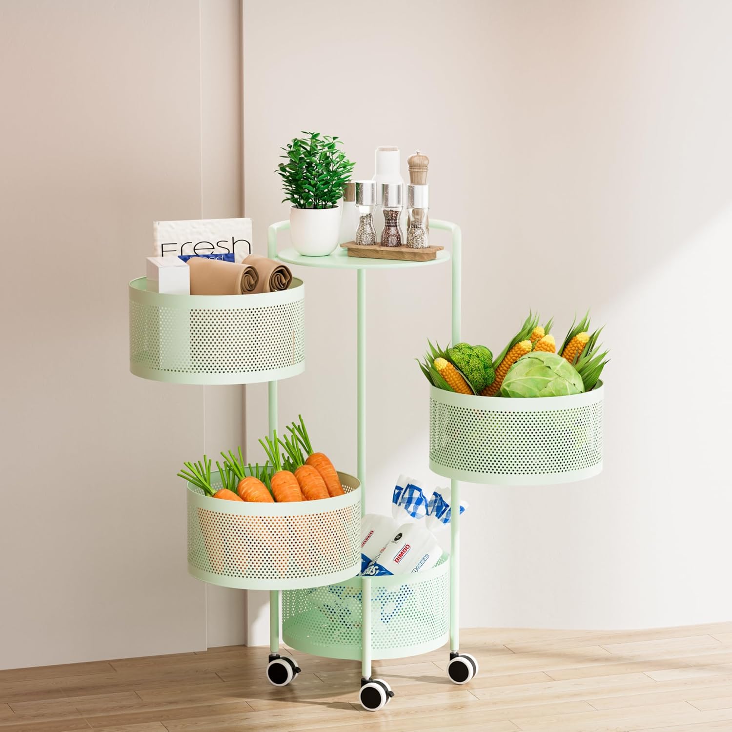 rotating kitchen storage rack no assembly, 4-tier metal storage tower basket shelves organizer on rolling wheels with removal drawers for fruit vegetable grocery corns potato onion (4-tier, green) 4-tier/green