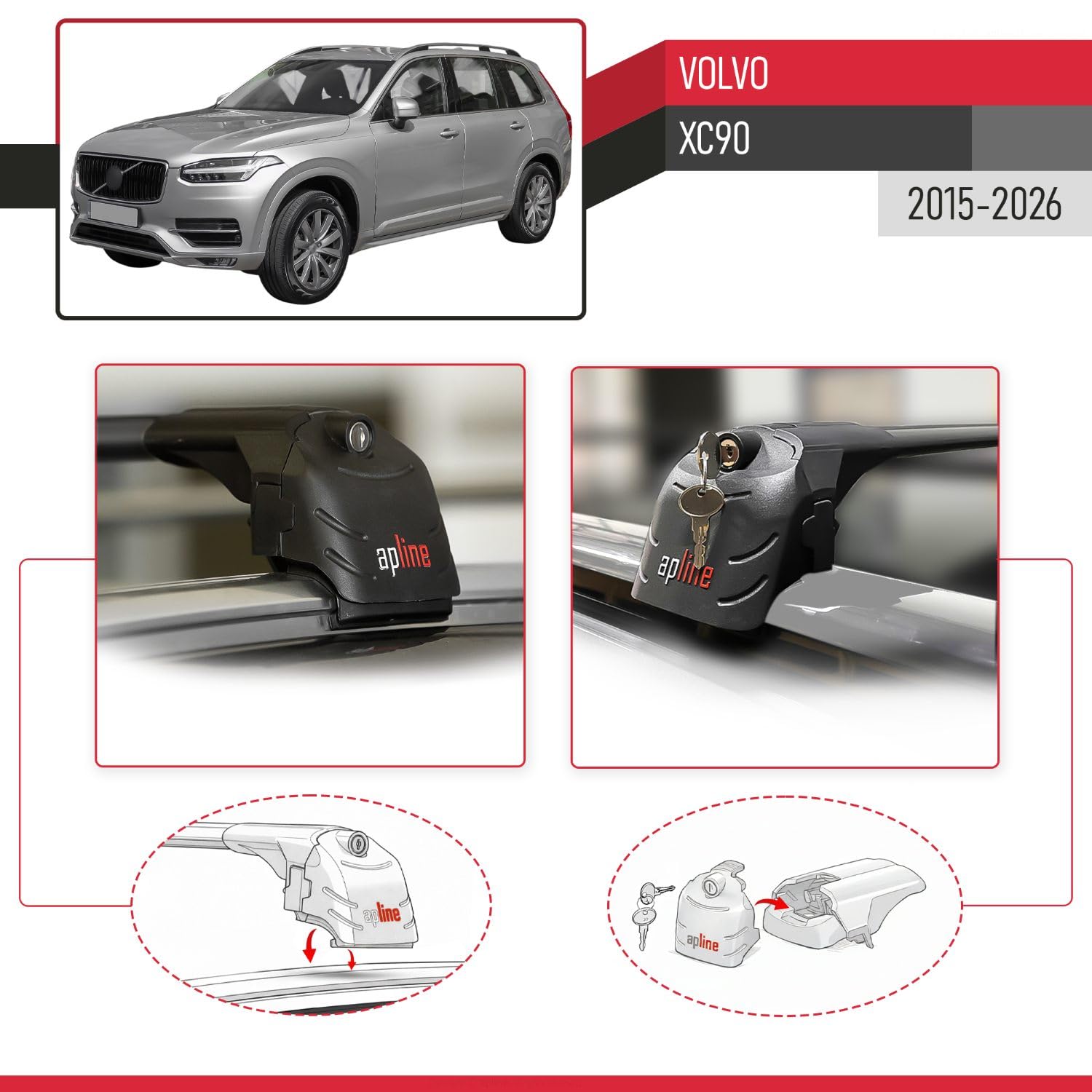 Kompatibel mit Volvo XC90 II 2015-2026 ACE-2 Modell Relingträger Dachträger Auto Gepäckträger Schwarz Aluminium 2 Stangen